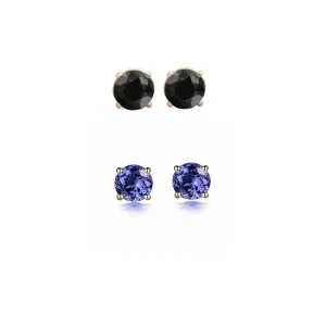 24k Yellow Gold Plated 1Ct Created Black Sapphire and Tanzanite 2 Pair Round Stud Earrings