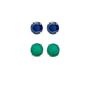 24k Yellow Gold Plated 2Ct Created Blue Sapphire and Emerald 2 Pair Round Stud Earrings