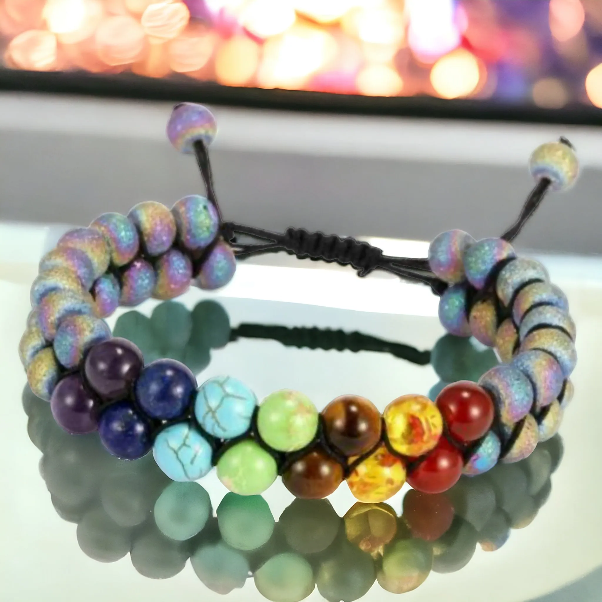 7 Chakra Double Row   Titanium Rainbow Aura Druzy Agate Braided Macrame Adjustable Sliding Knot Round Smooth (8mm) Natural Gemstone Crystal Energy Bead Bracelet