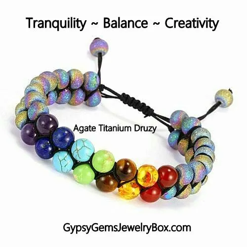 7 Chakra Double Row   Titanium Rainbow Aura Druzy Agate Braided Macrame Adjustable Sliding Knot Round Smooth (8mm) Natural Gemstone Crystal Energy Bead Bracelet