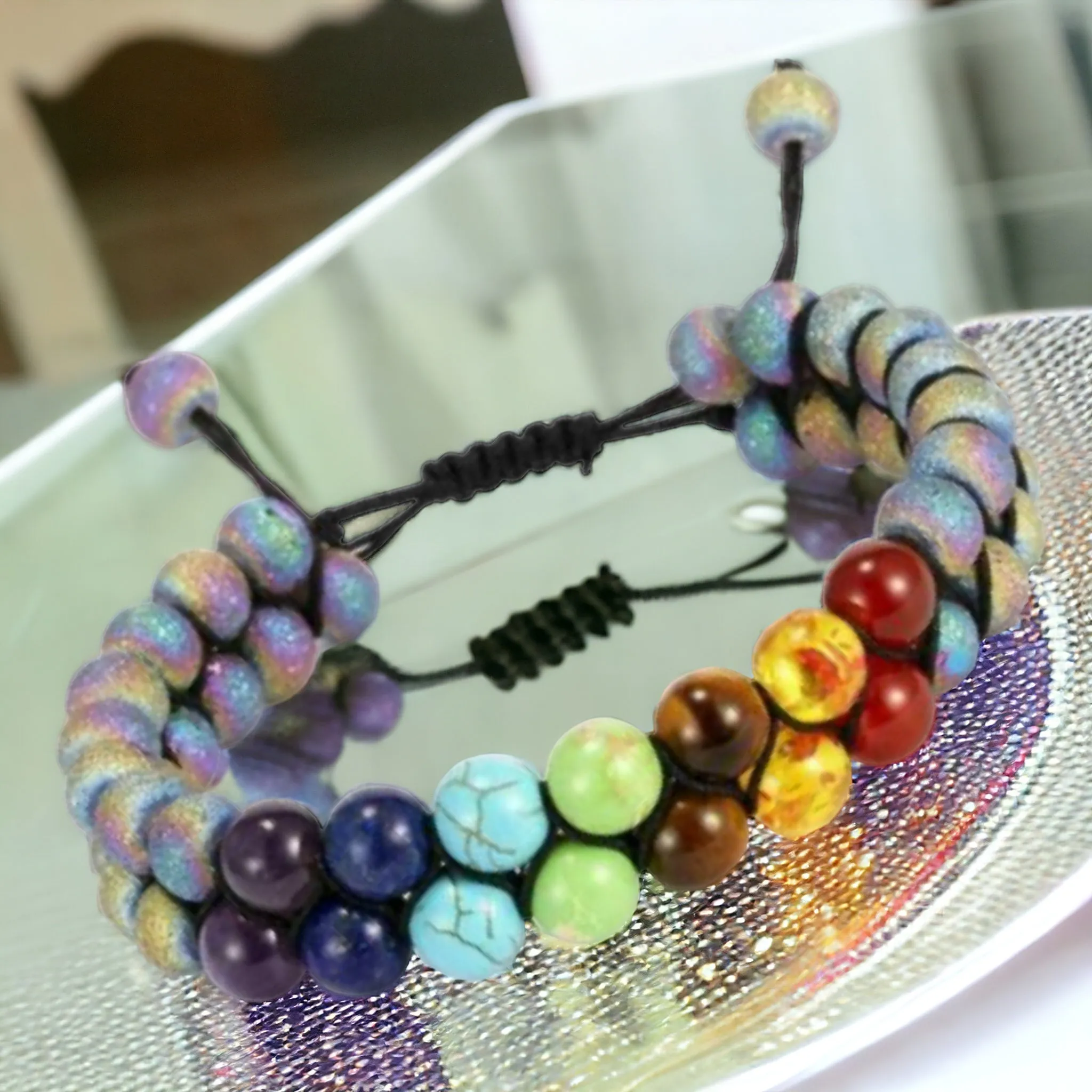 7 Chakra Double Row   Titanium Rainbow Aura Druzy Agate Braided Macrame Adjustable Sliding Knot Round Smooth (8mm) Natural Gemstone Crystal Energy Bead Bracelet