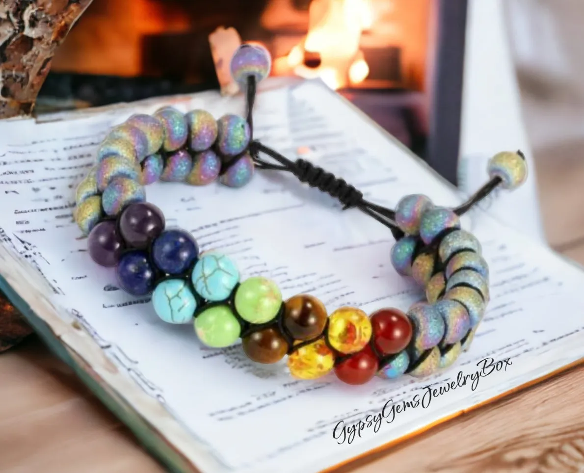 7 Chakra Double Row   Titanium Rainbow Aura Druzy Agate Braided Macrame Adjustable Sliding Knot Round Smooth (8mm) Natural Gemstone Crystal Energy Bead Bracelet