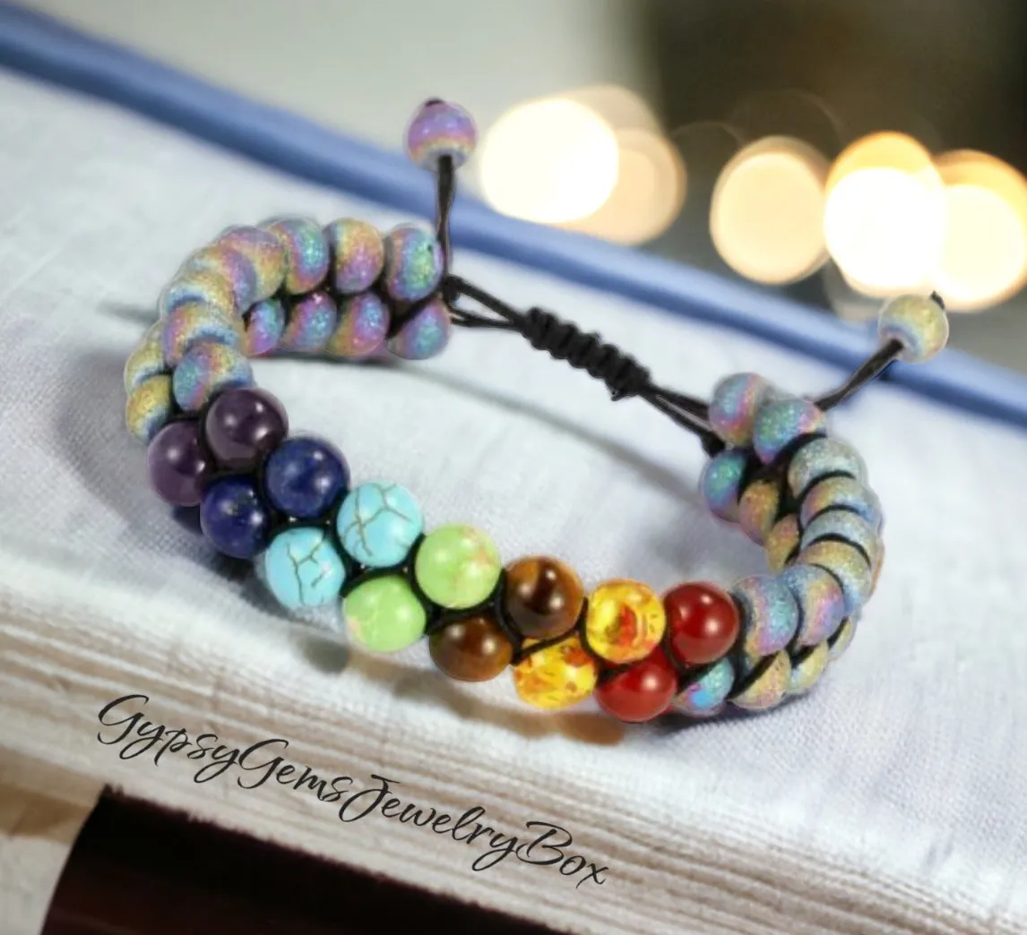 7 Chakra Double Row   Titanium Rainbow Aura Druzy Agate Braided Macrame Adjustable Sliding Knot Round Smooth (8mm) Natural Gemstone Crystal Energy Bead Bracelet