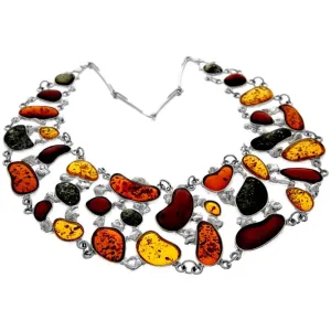 925 Sterling Silver & Genuine Baltic Amber Multi Stones Unique Heavy Exclusive Necklace - AD907