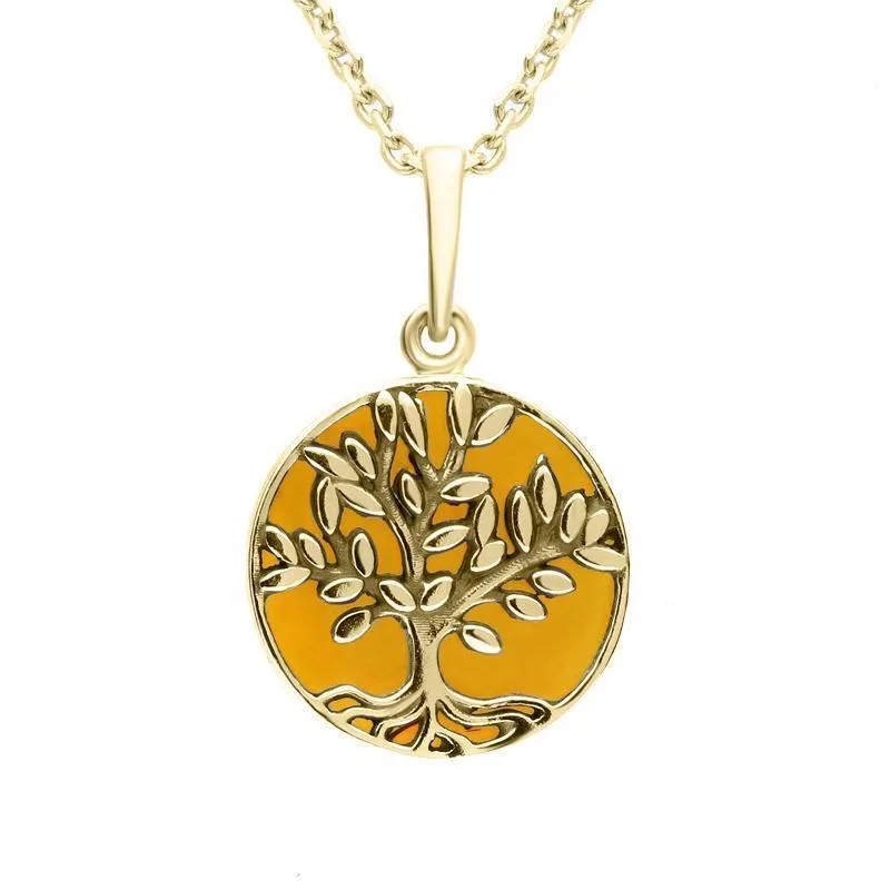 9ct Yellow Gold Amber Round Large Leaves Tree of Life Two Piece Set