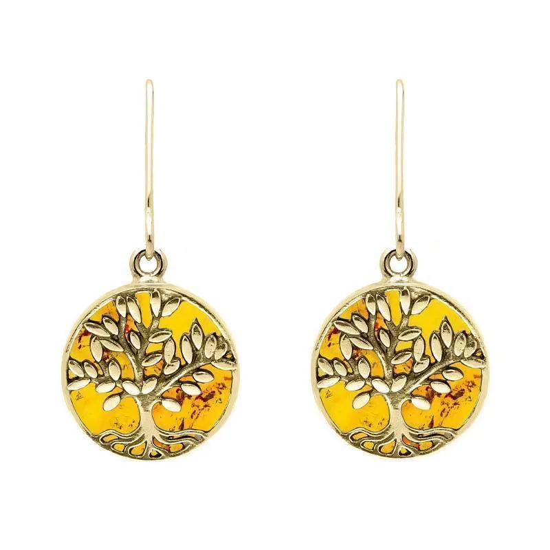 9ct Yellow Gold Amber Round Large Leaves Tree of Life Two Piece Set