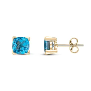 9ct Yellow Gold Swiss Blue Topaz Cushion Stud Earrings 2.40ct