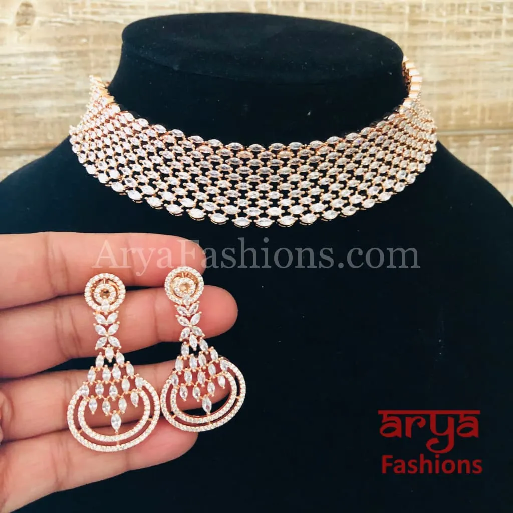 Abbey Bridal Rose Gold Silver CZ Choker with Earrings