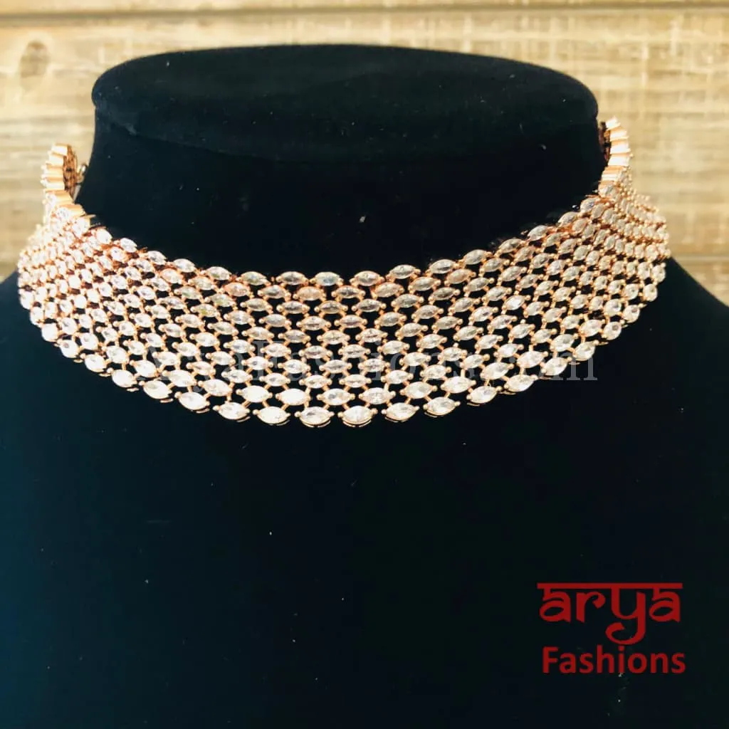 Abbey Bridal Rose Gold Silver CZ Choker with Earrings