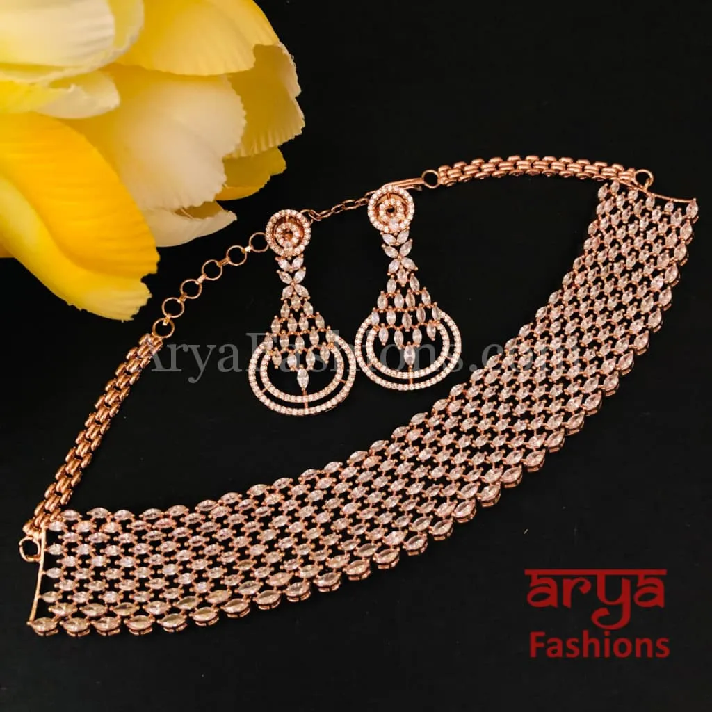 Abbey Bridal Rose Gold Silver CZ Choker with Earrings
