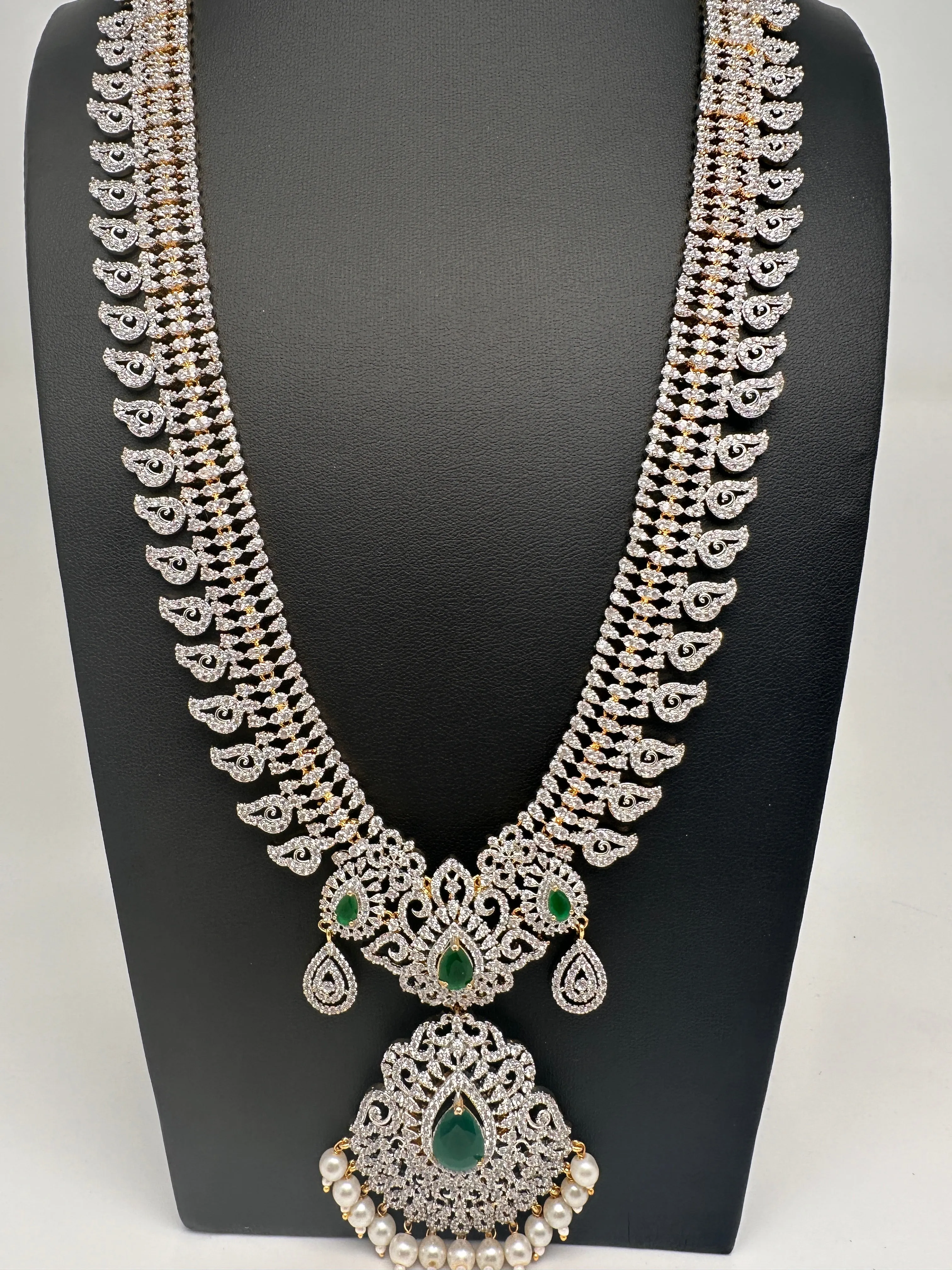 AD Diamond Finish Color Stone Mango Design Long Necklace