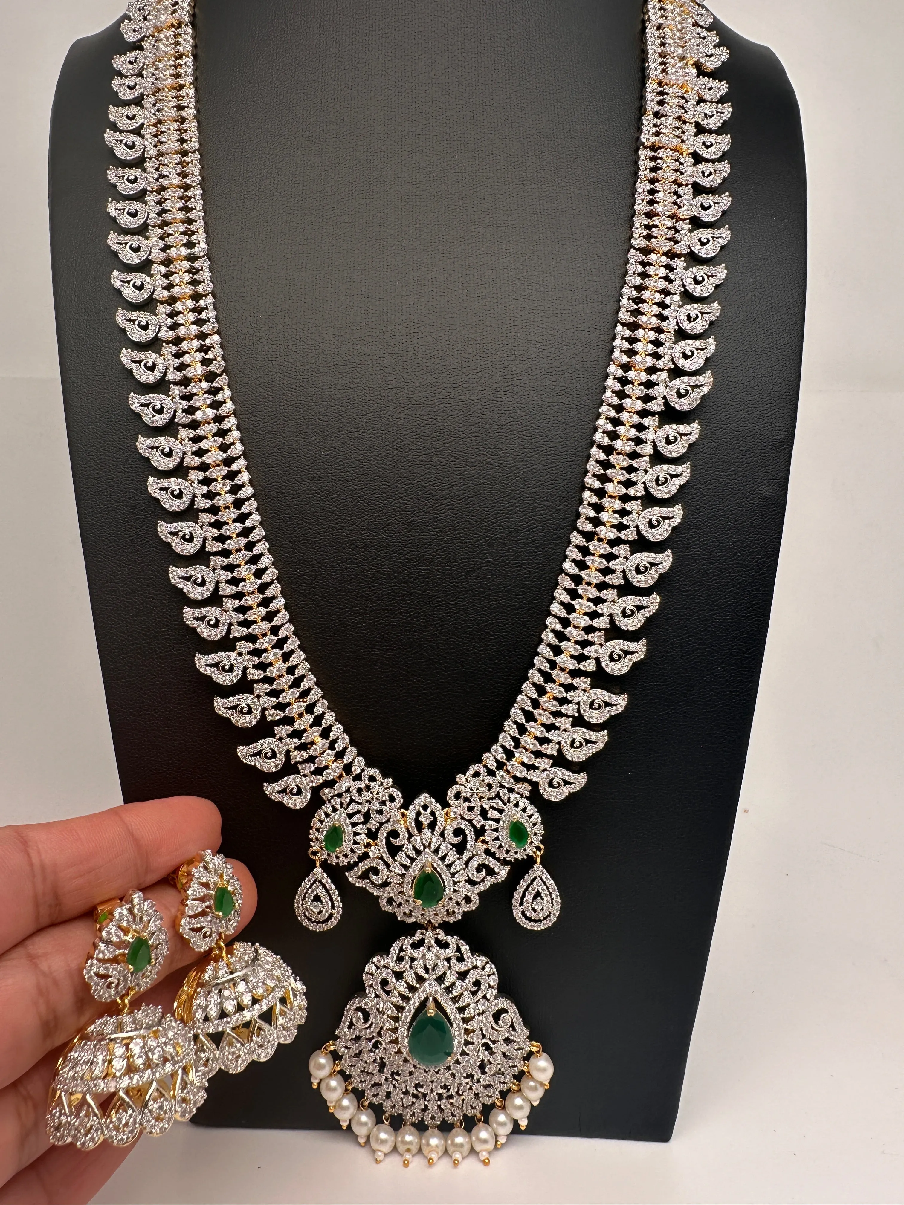 AD Diamond Finish Color Stone Mango Design Long Necklace