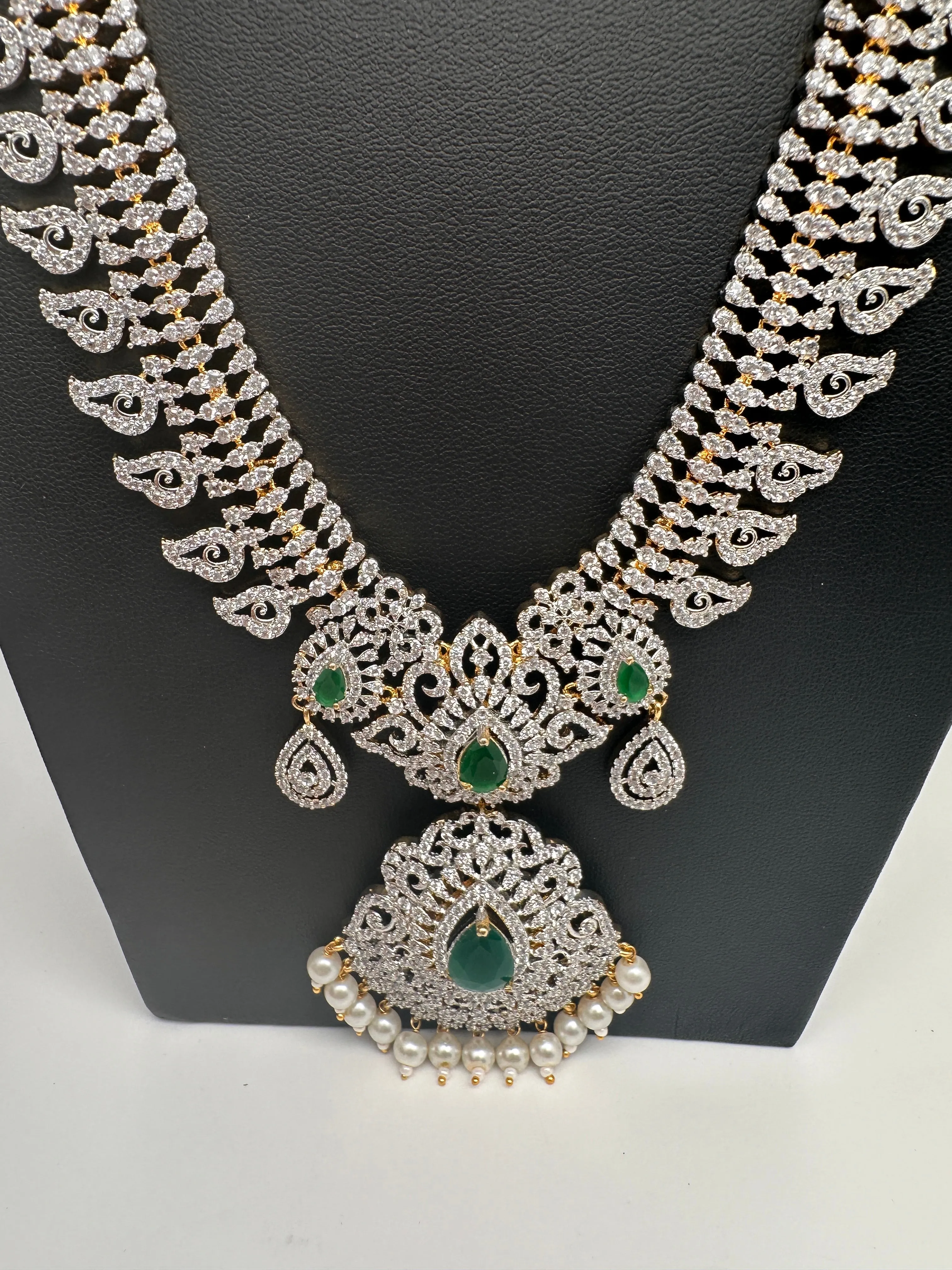 AD Diamond Finish Color Stone Mango Design Long Necklace