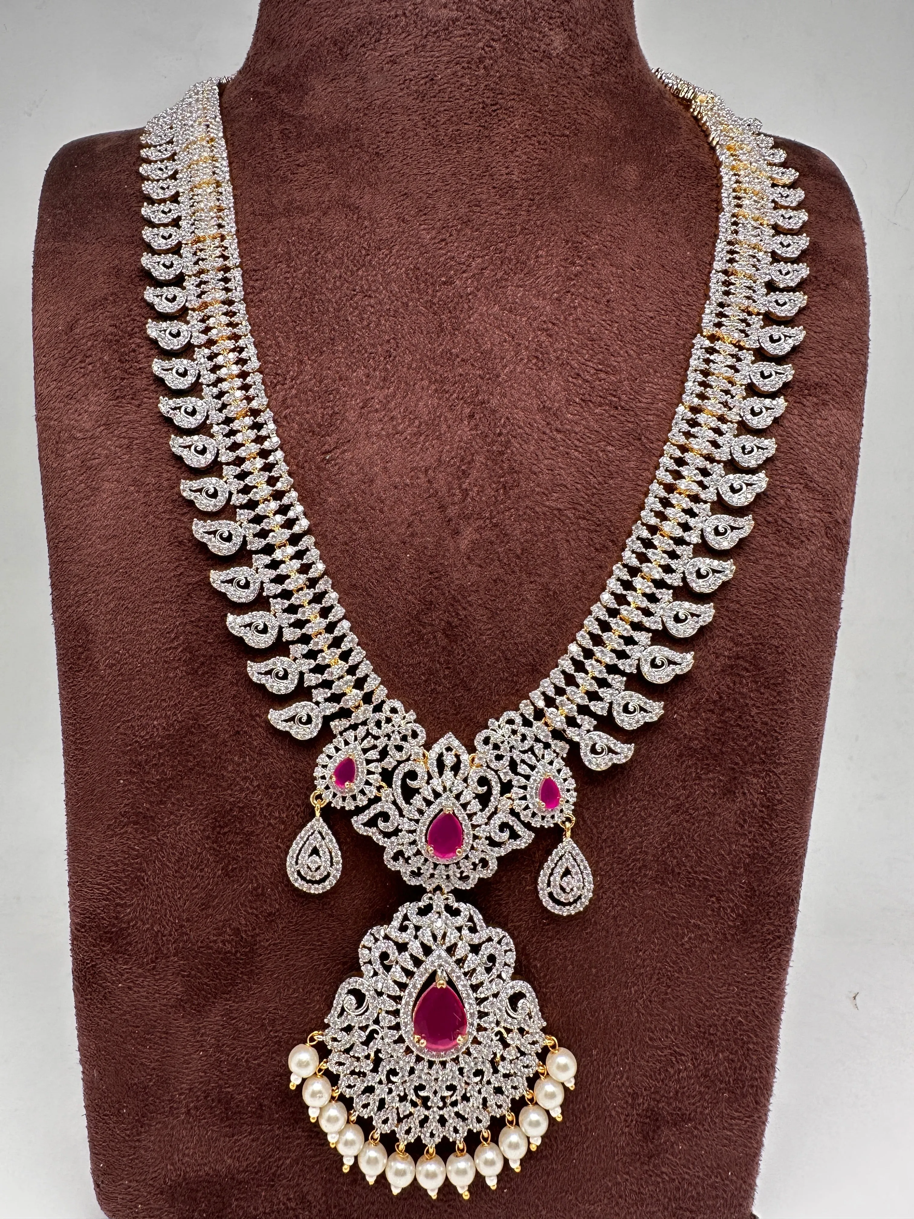 AD Diamond Finish Color Stone Mango Design Long Necklace