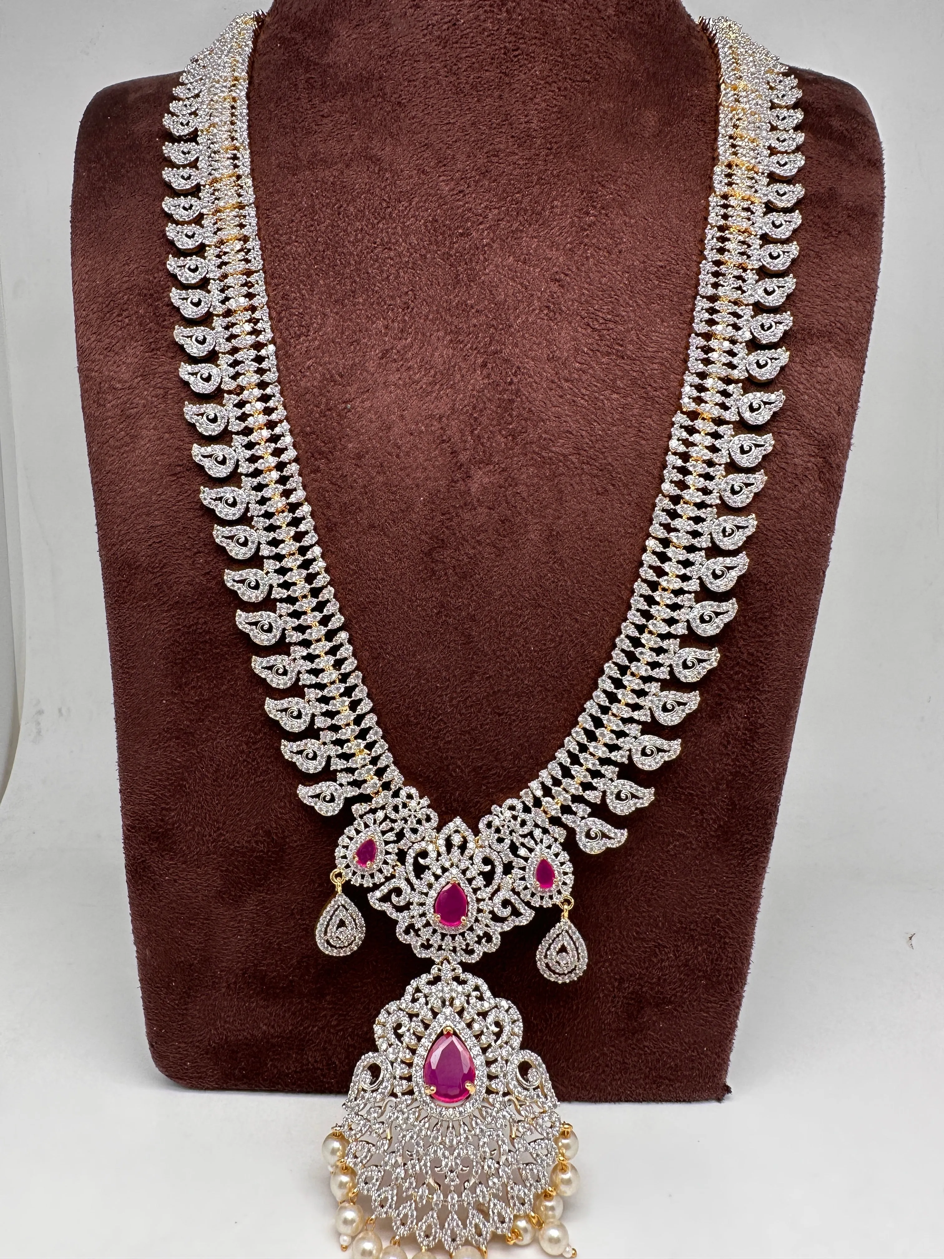AD Diamond Finish Color Stone Mango Design Long Necklace