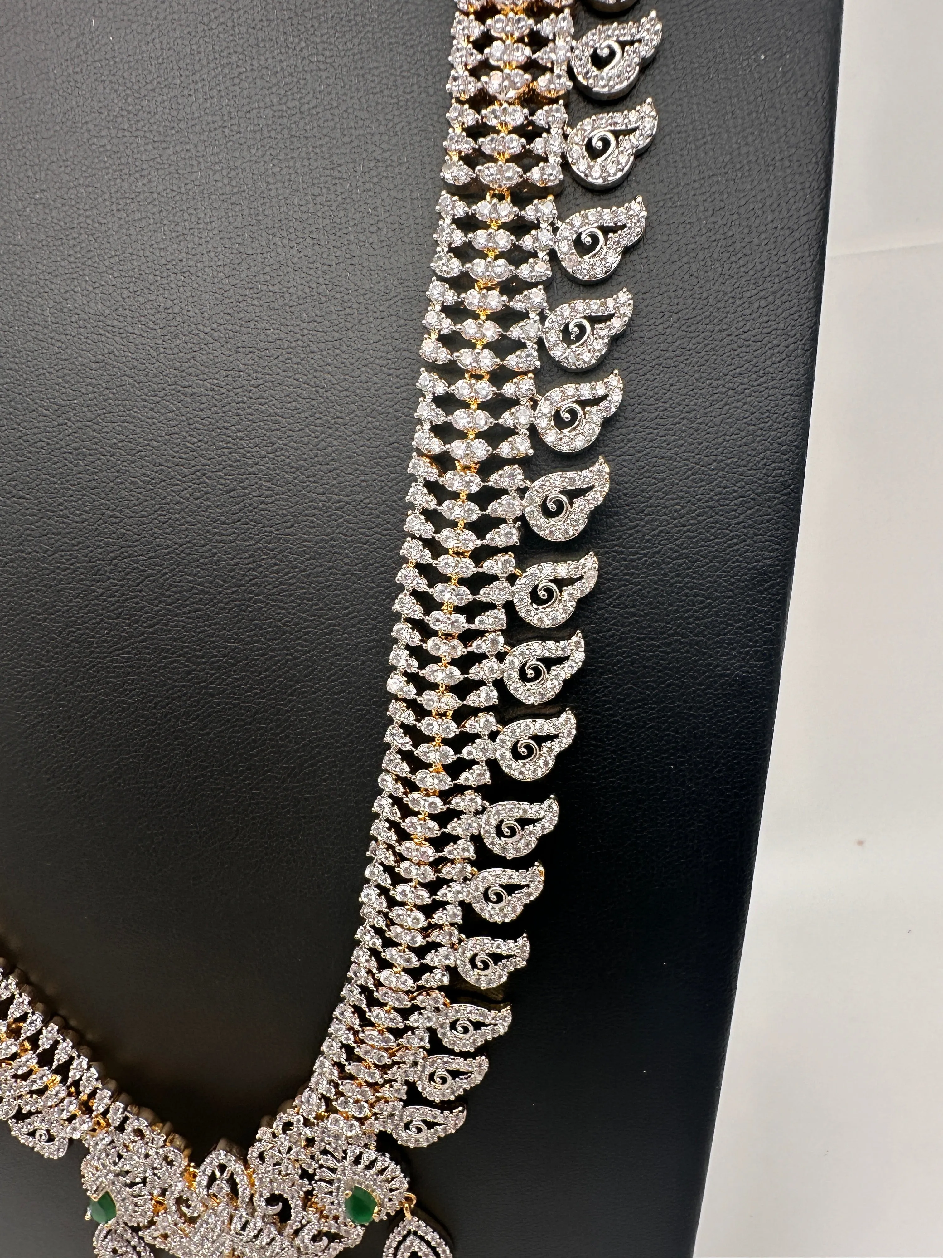 AD Diamond Finish Color Stone Mango Design Long Necklace