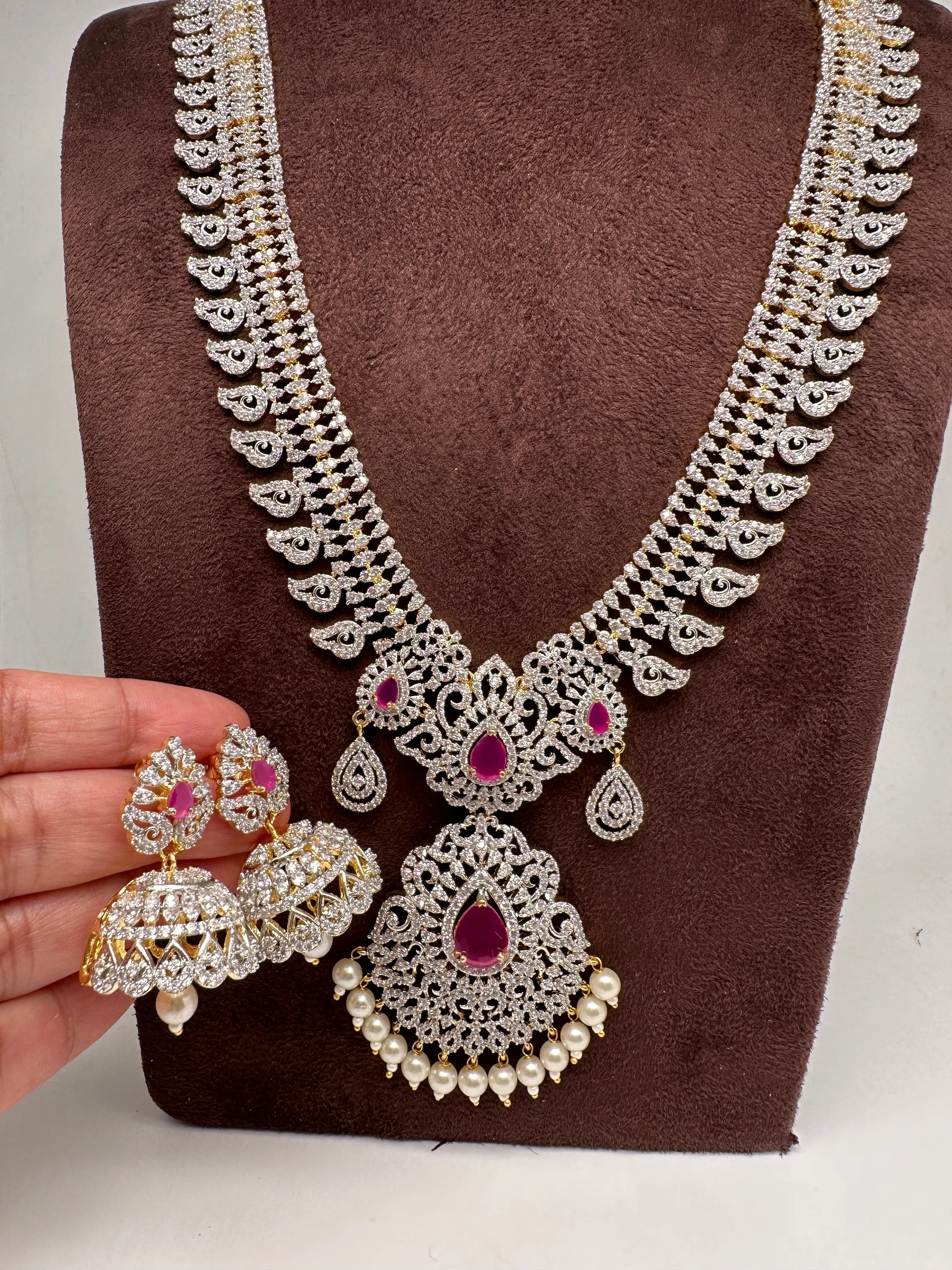 AD Diamond Finish Color Stone Mango Design Long Necklace