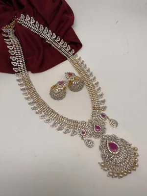 AD Diamond Finish Color Stone Mango Design Long Necklace