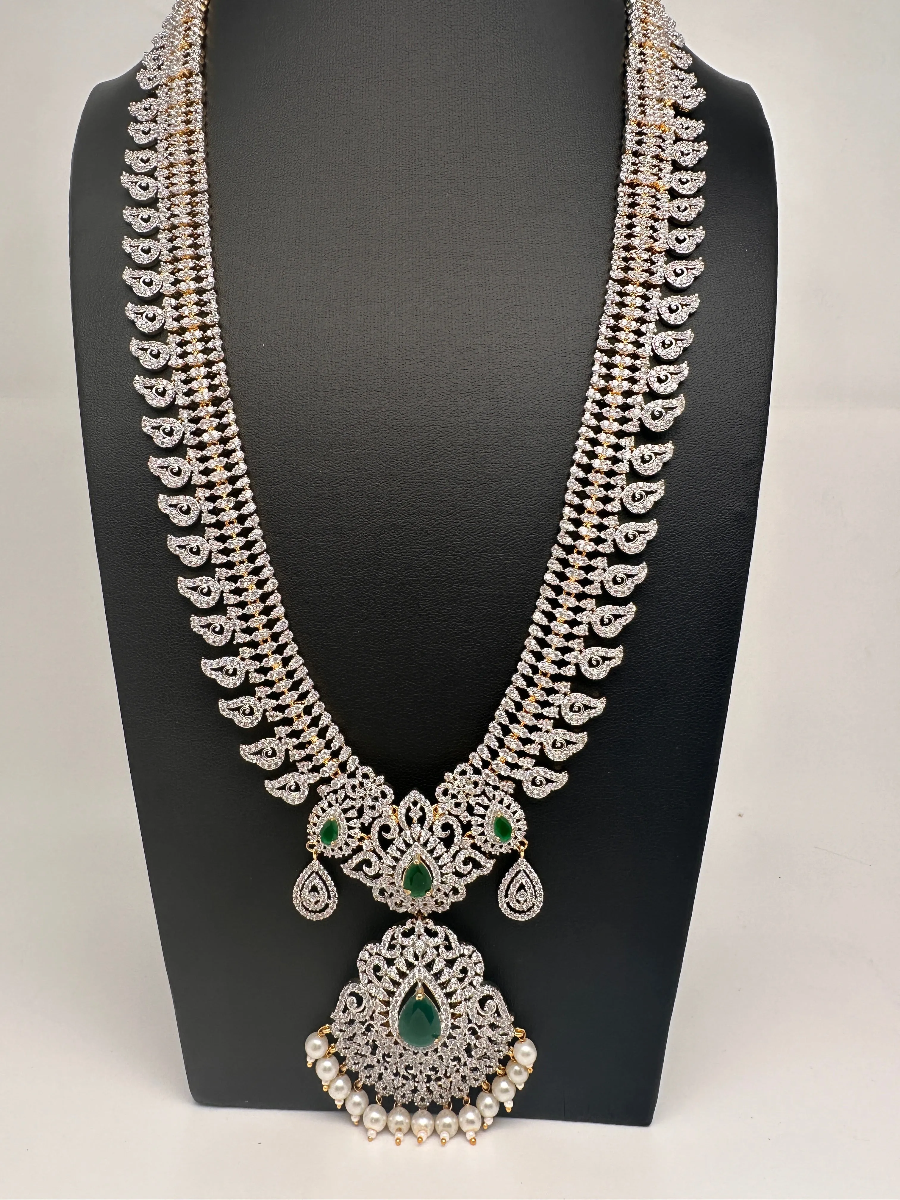 AD Diamond Finish Color Stone Mango Design Long Necklace