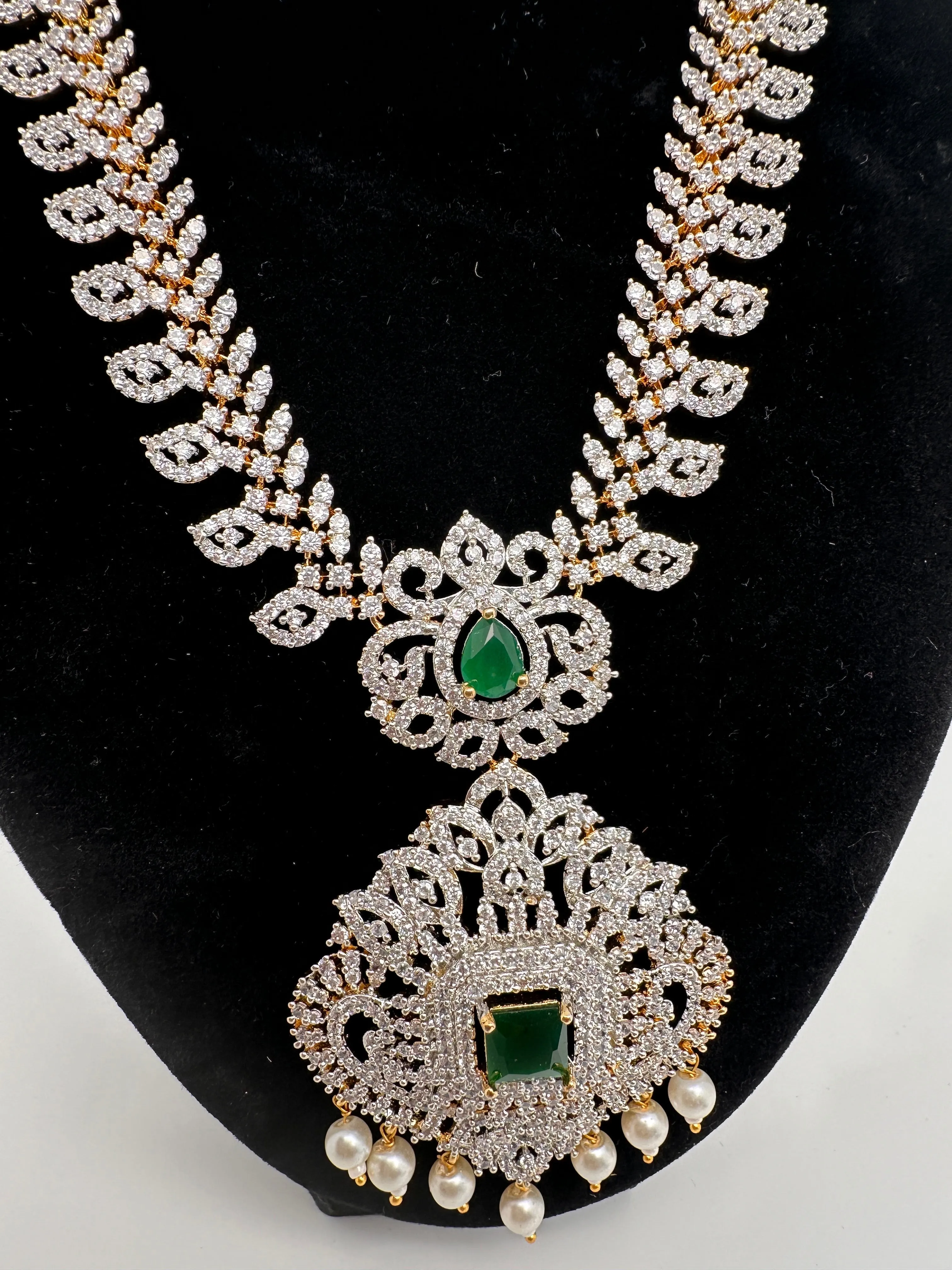 AD Diamond Finish Color Stone Mango Design Short Necklace
