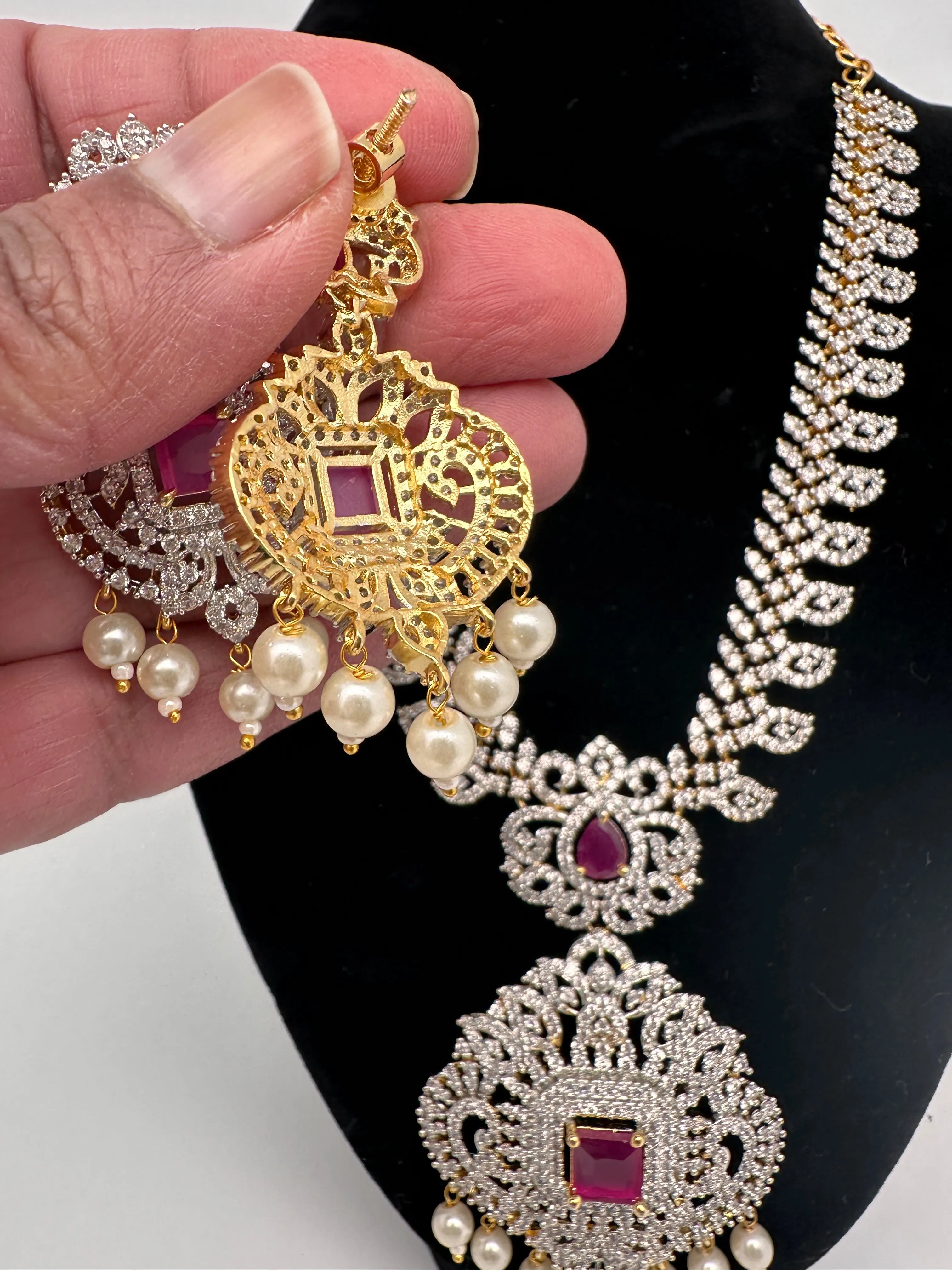 AD Diamond Finish Color Stone Mango Design Short Necklace