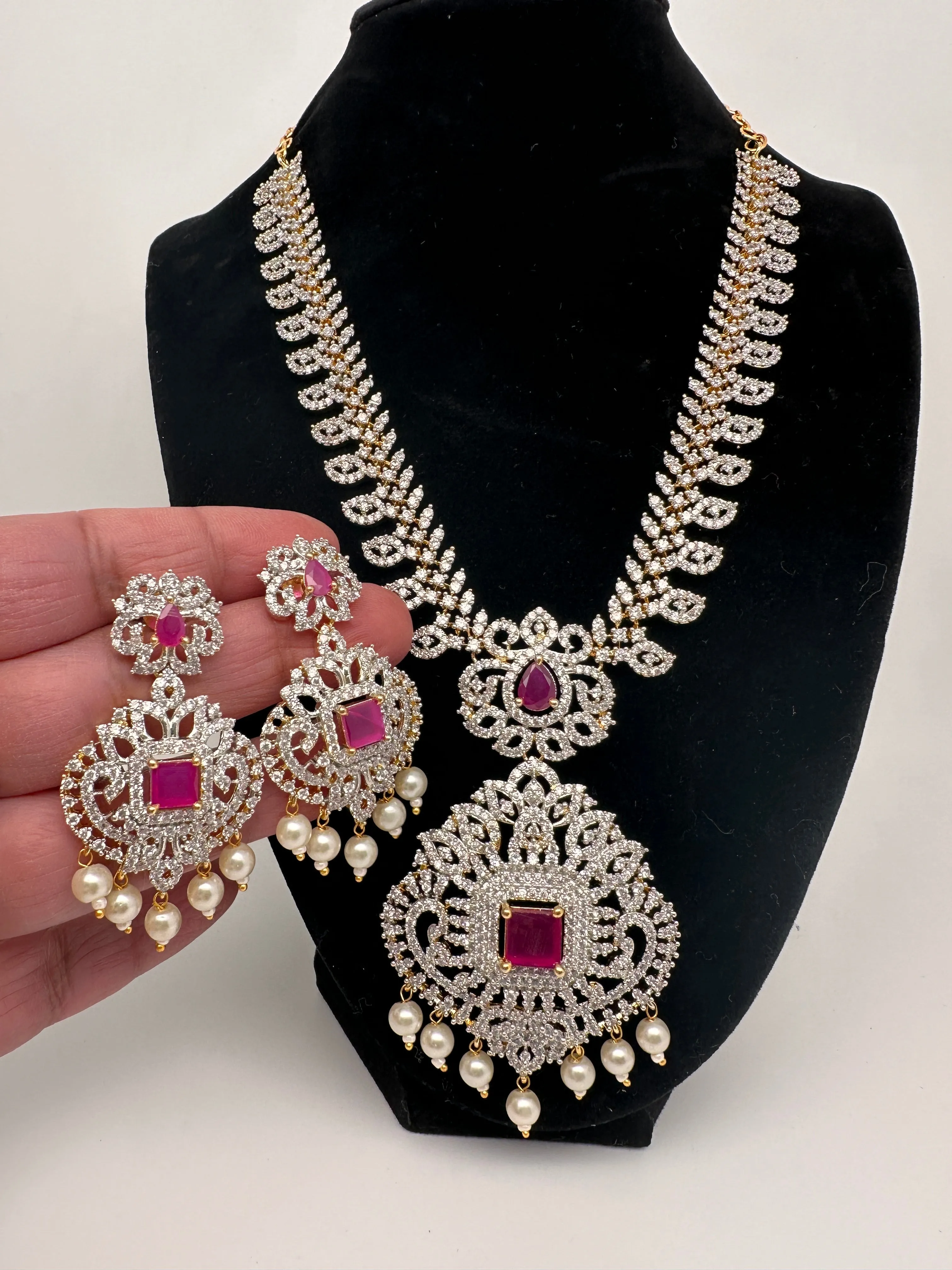 AD Diamond Finish Color Stone Mango Design Short Necklace