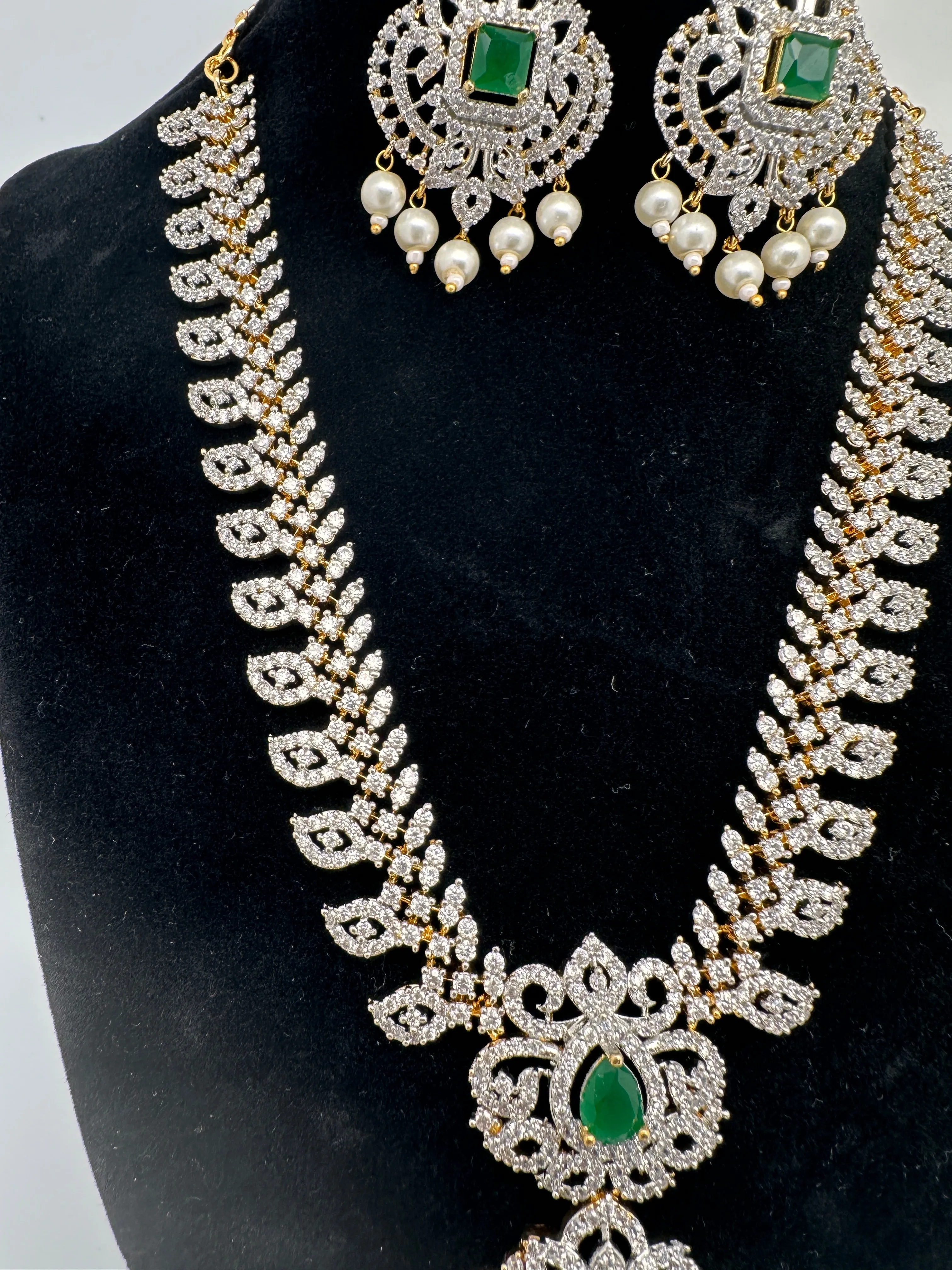 AD Diamond Finish Color Stone Mango Design Short Necklace