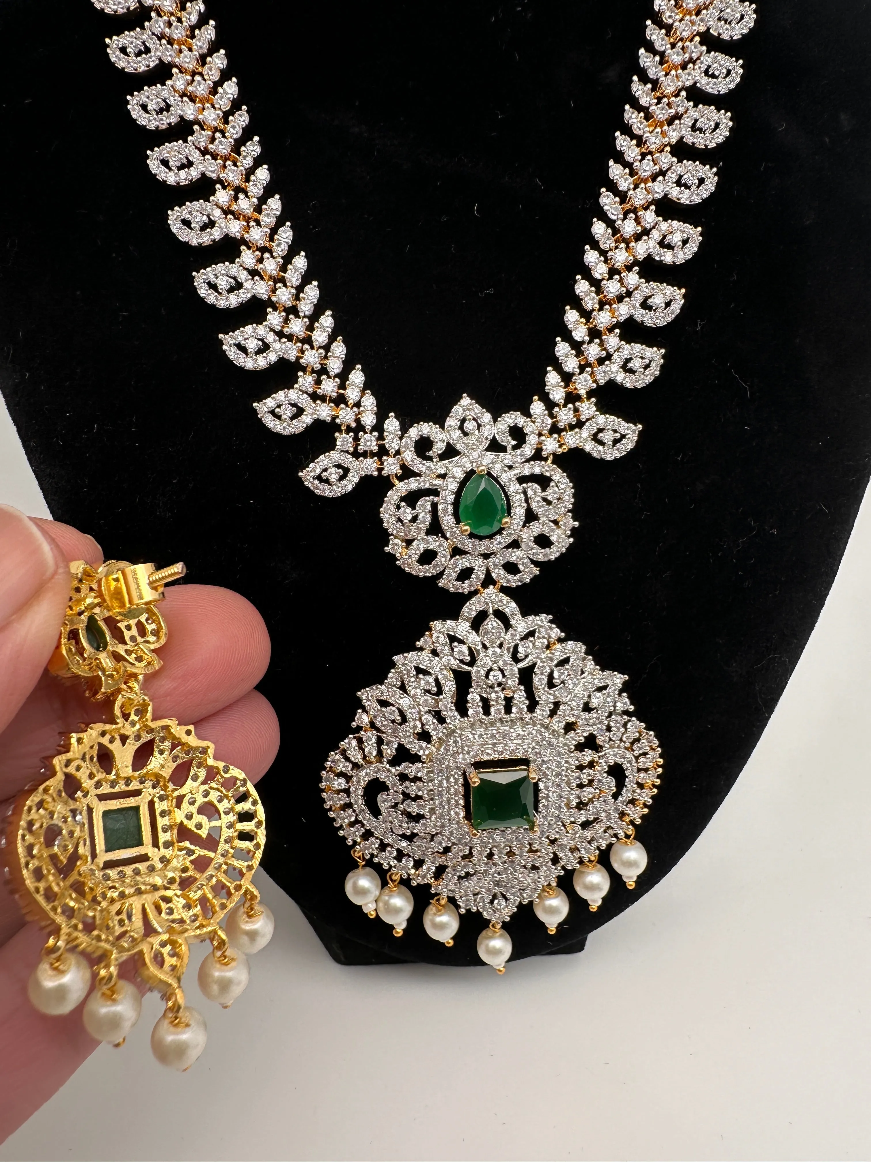 AD Diamond Finish Color Stone Mango Design Short Necklace