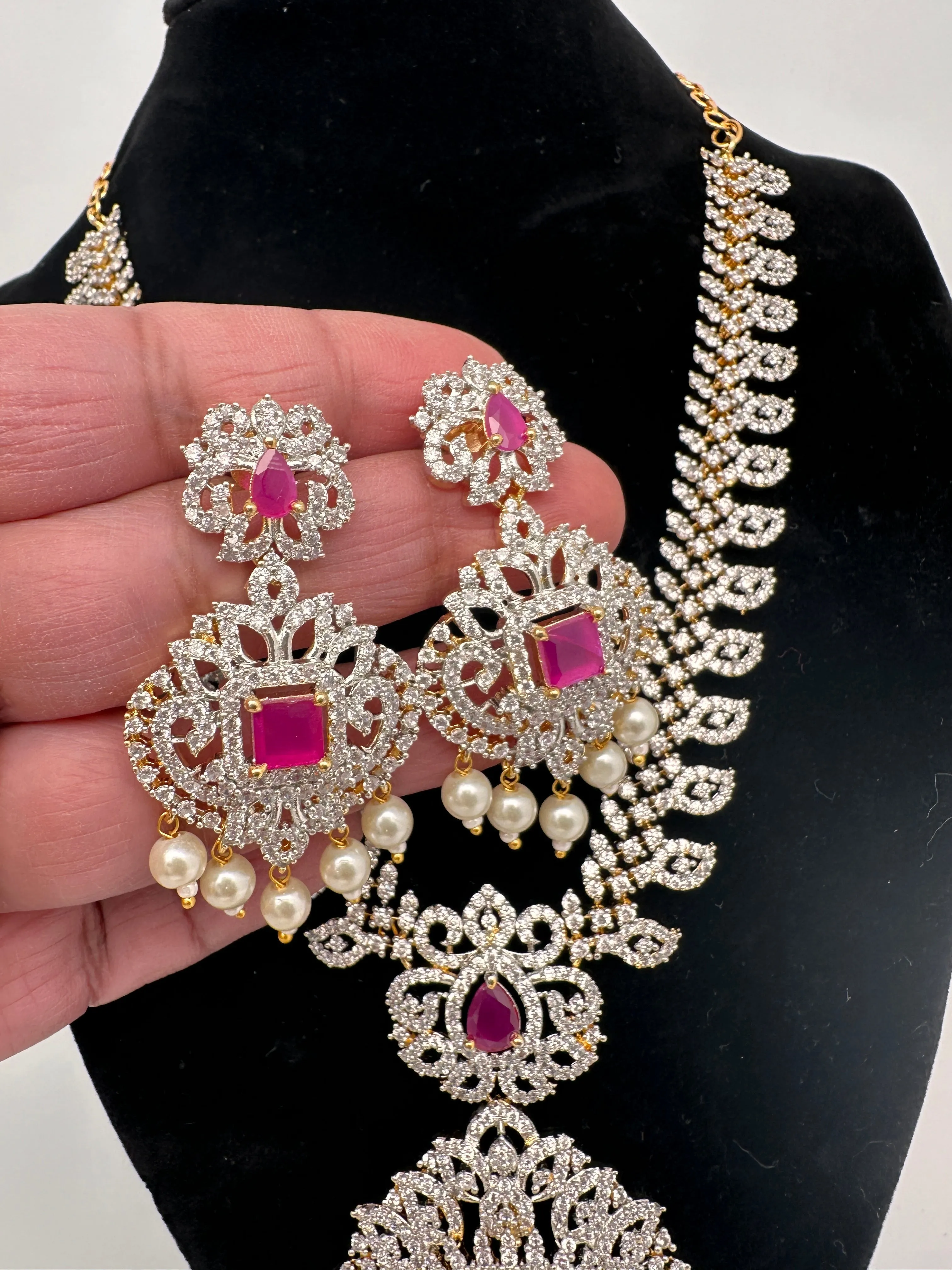 AD Diamond Finish Color Stone Mango Design Short Necklace