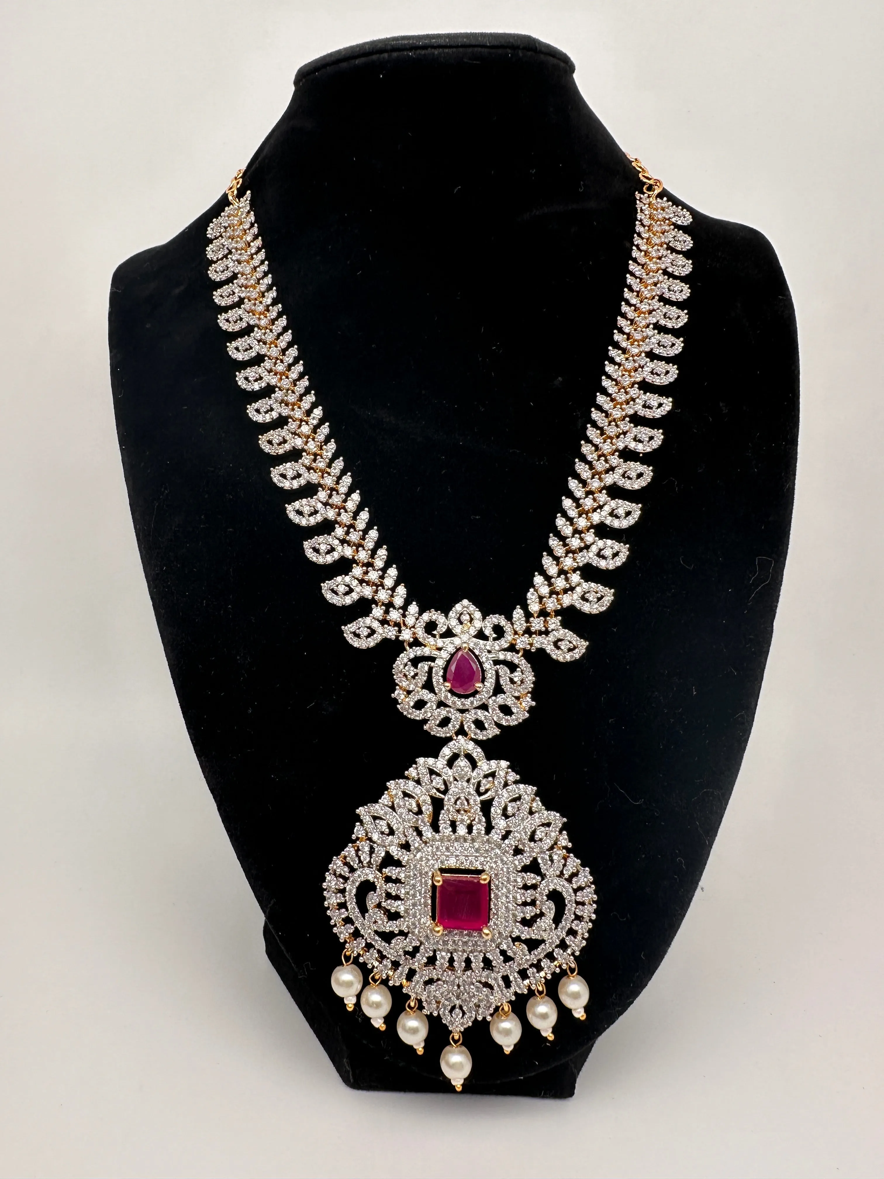 AD Diamond Finish Color Stone Mango Design Short Necklace