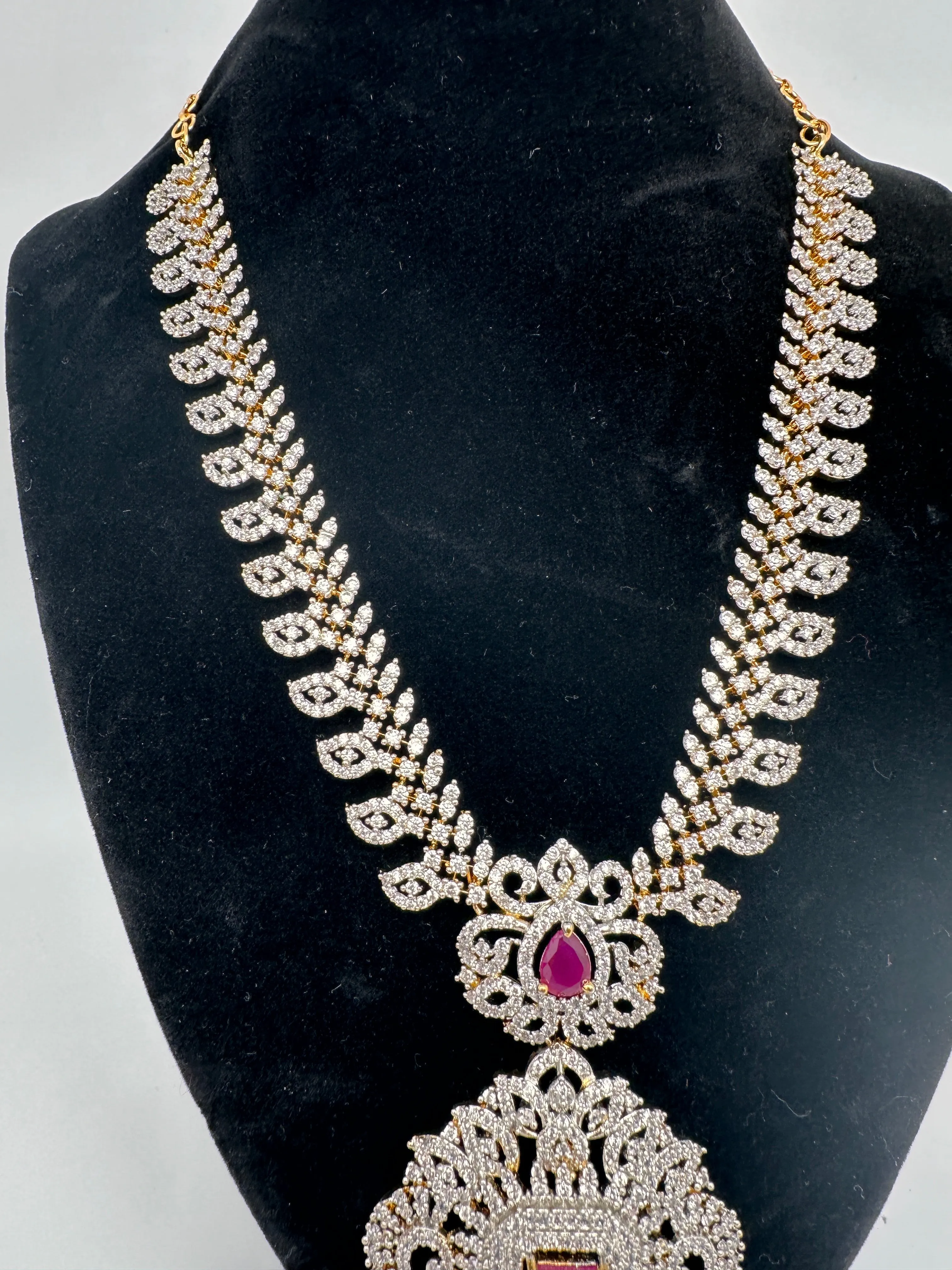AD Diamond Finish Color Stone Mango Design Short Necklace