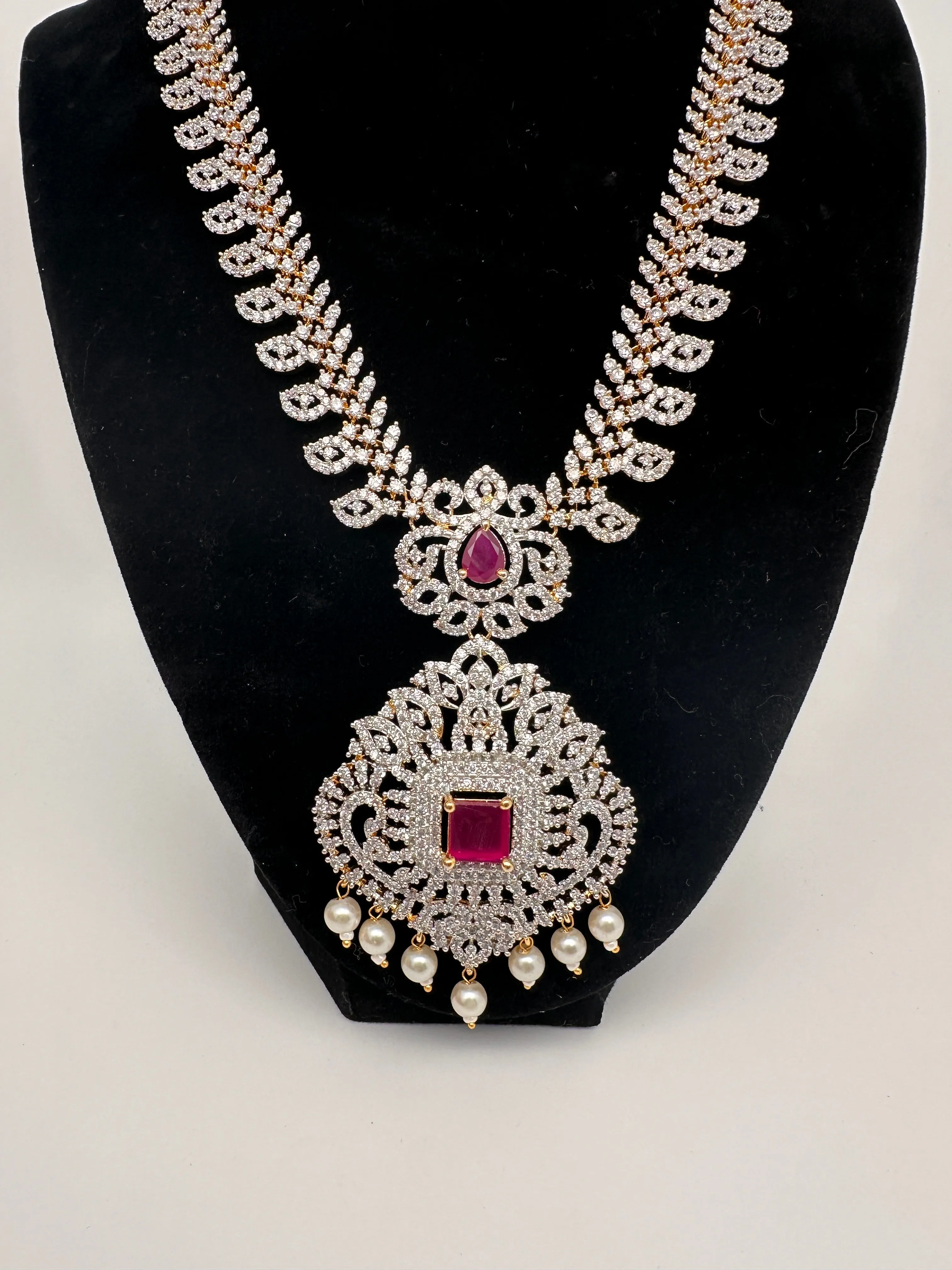 AD Diamond Finish Color Stone Mango Design Short Necklace