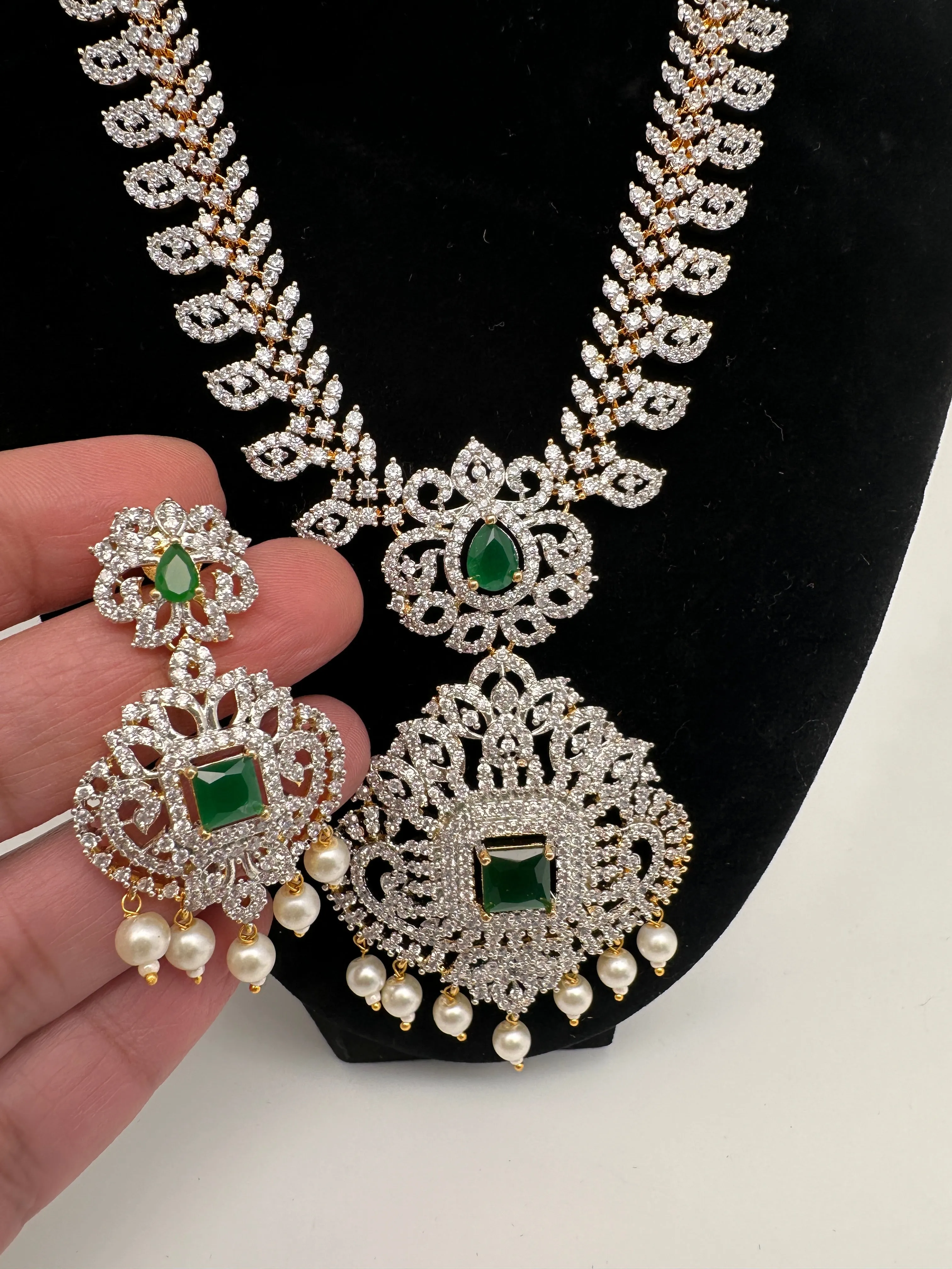 AD Diamond Finish Color Stone Mango Design Short Necklace
