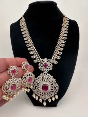 AD Diamond Finish Color Stone Mango Design Short Necklace