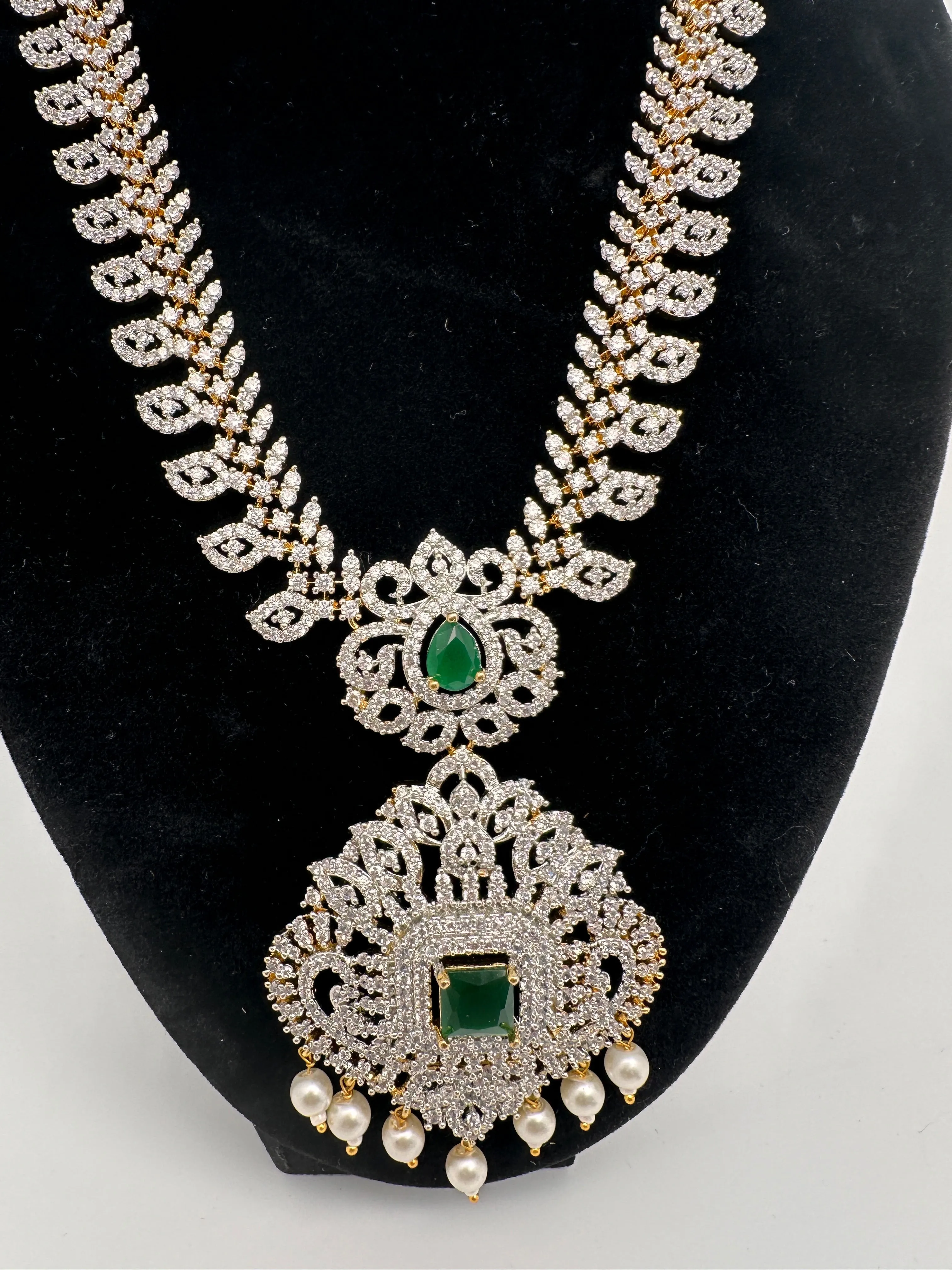 AD Diamond Finish Color Stone Mango Design Short Necklace