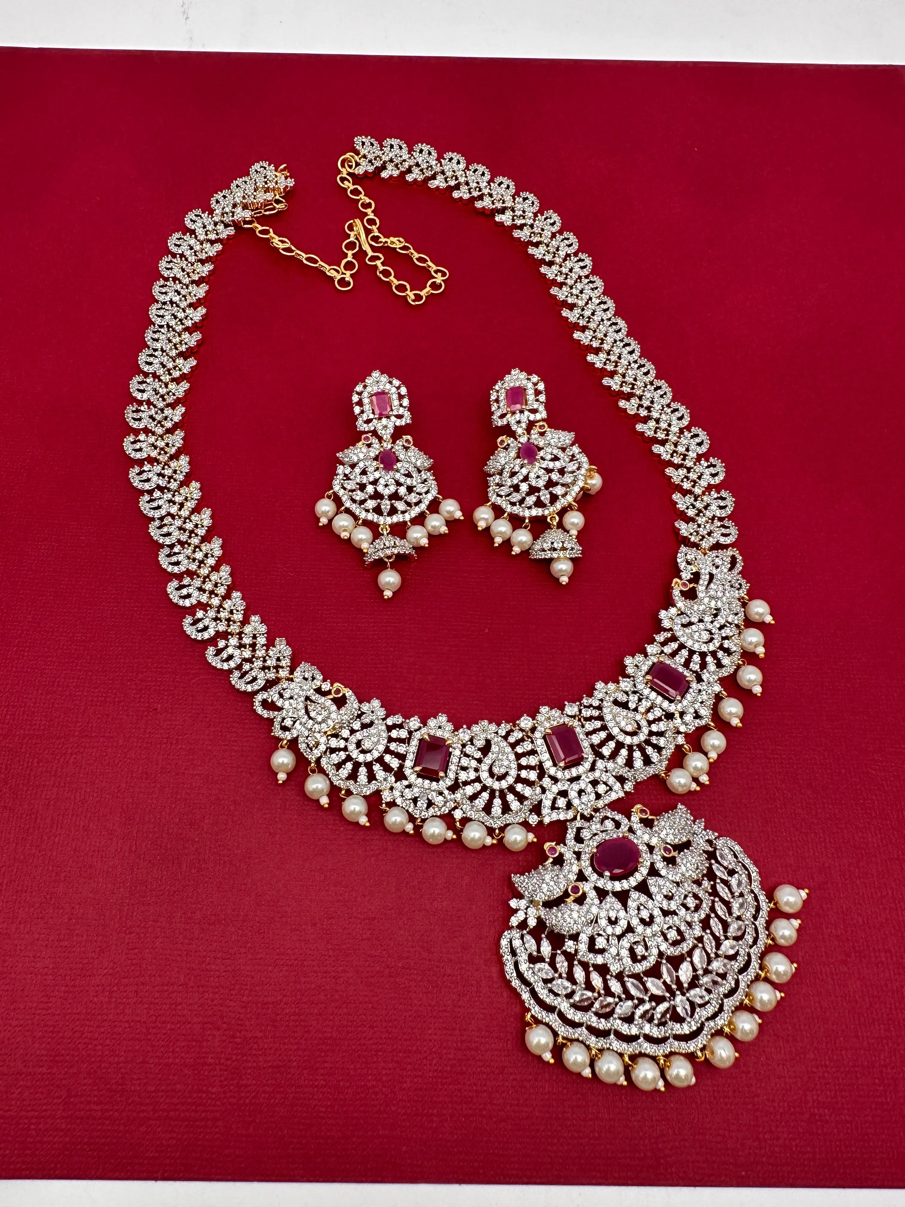 AD Diamond Finish Color Stone Peacock Design Long Necklace