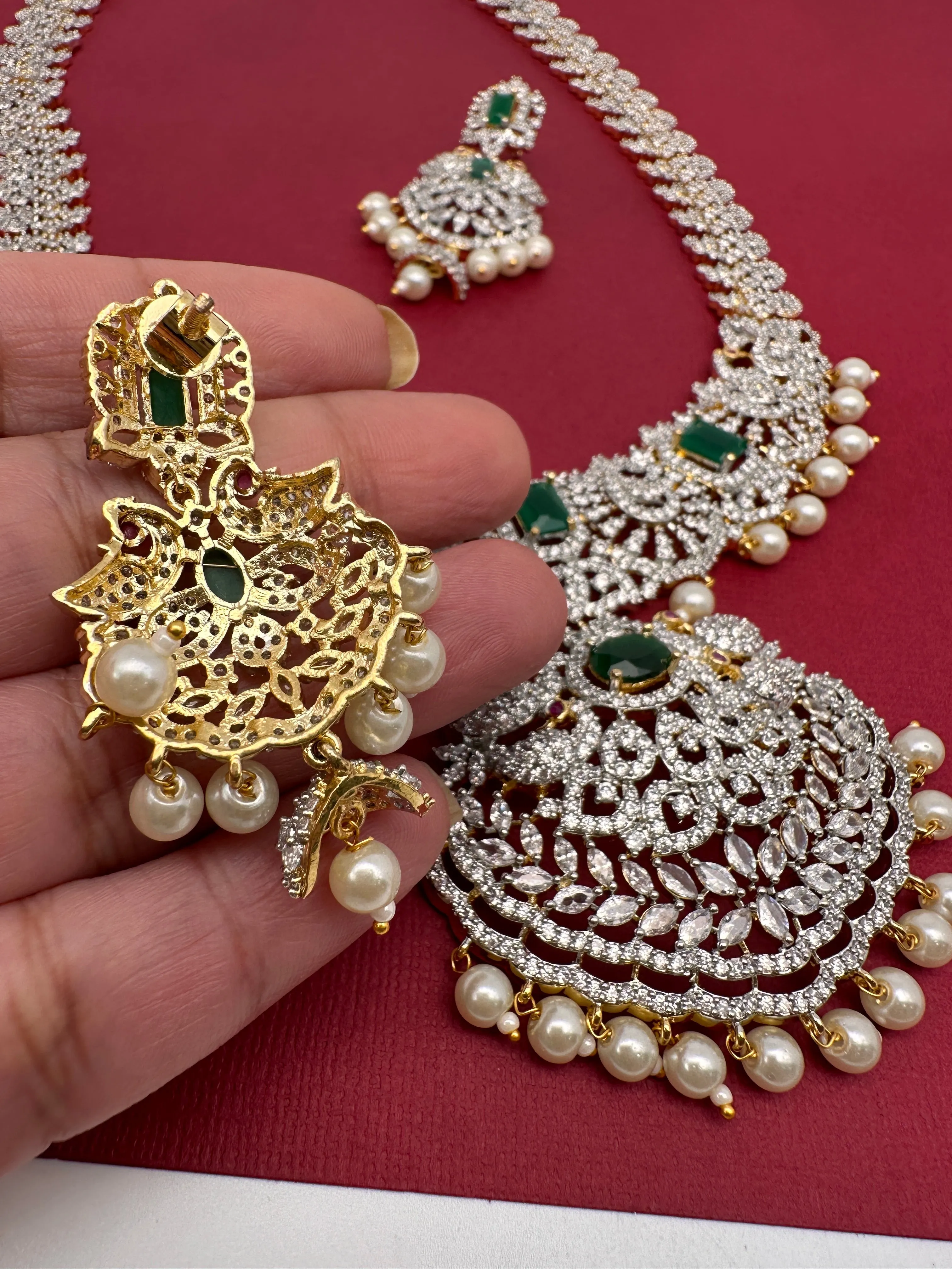 AD Diamond Finish Color Stone Peacock Design Long Necklace