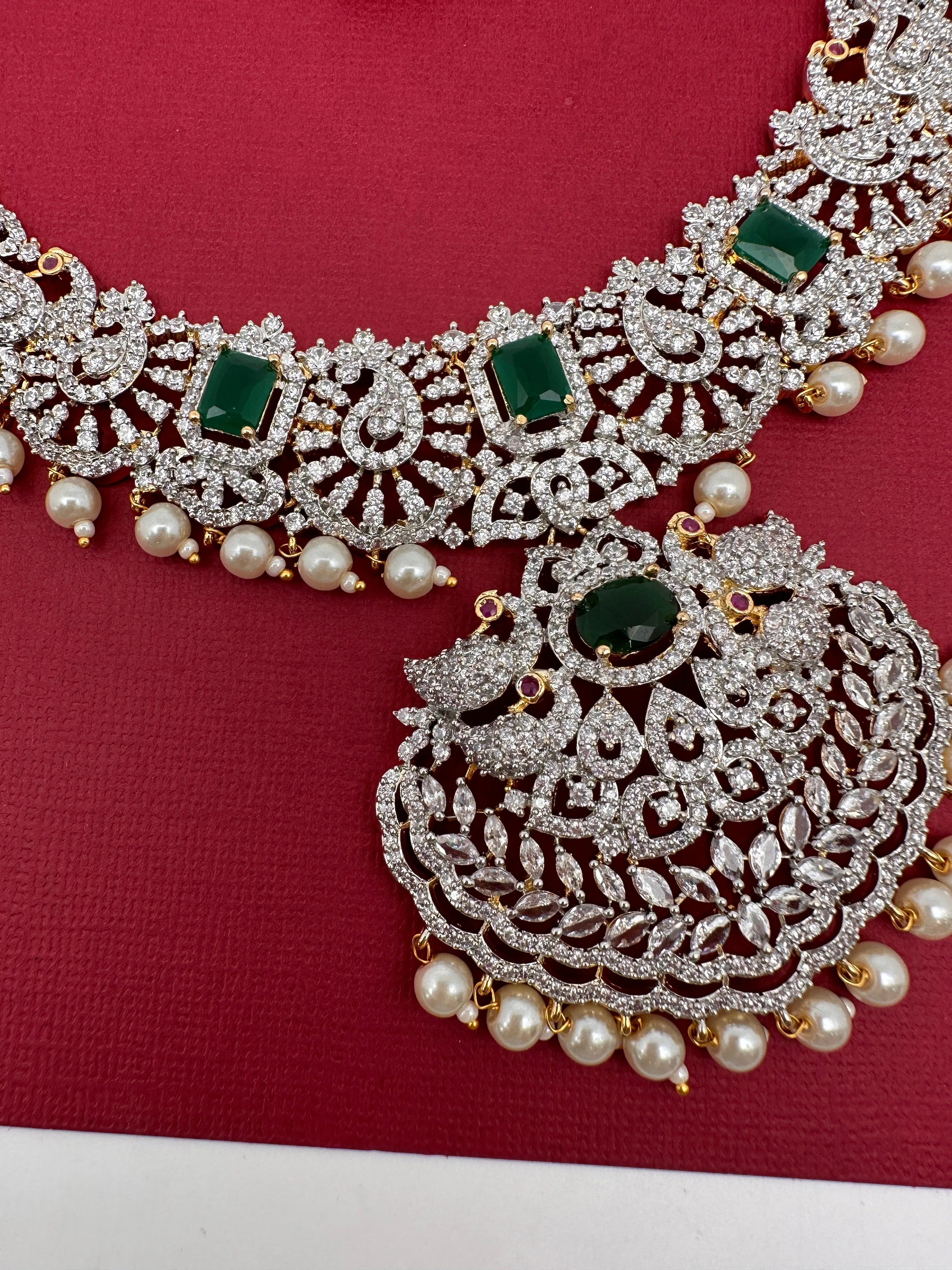 AD Diamond Finish Color Stone Peacock Design Long Necklace