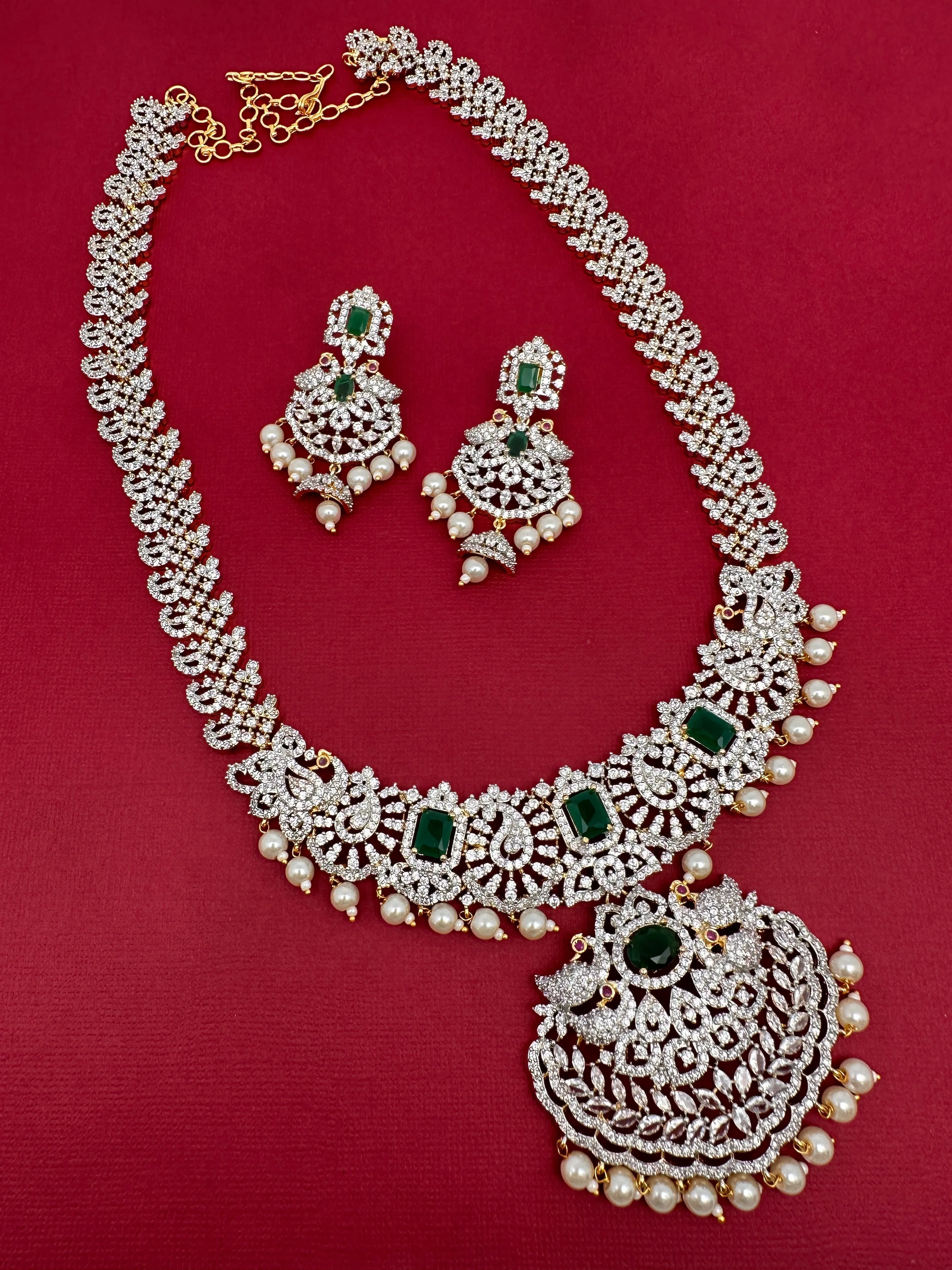 AD Diamond Finish Color Stone Peacock Design Long Necklace