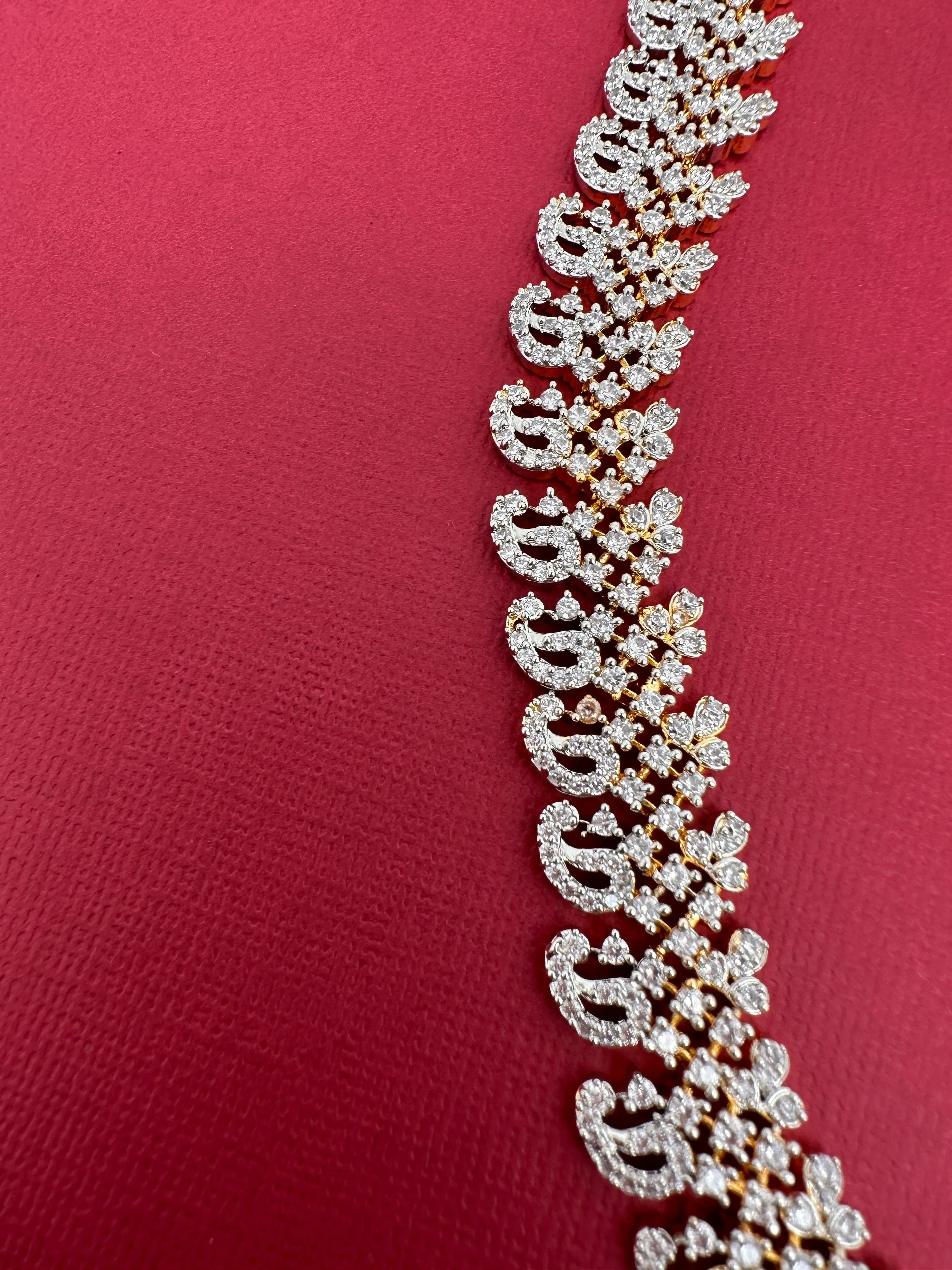 AD Diamond Finish Color Stone Peacock Design Long Necklace