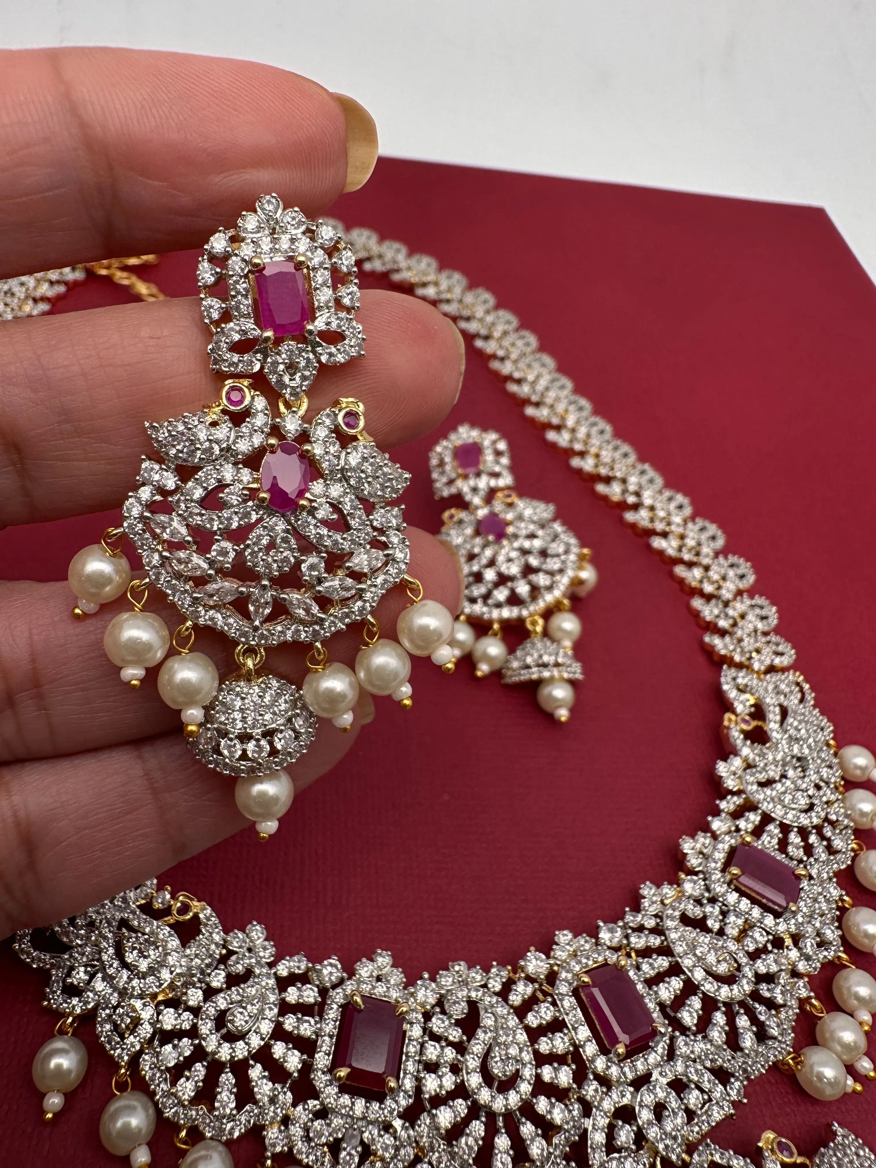 AD Diamond Finish Color Stone Peacock Design Long Necklace