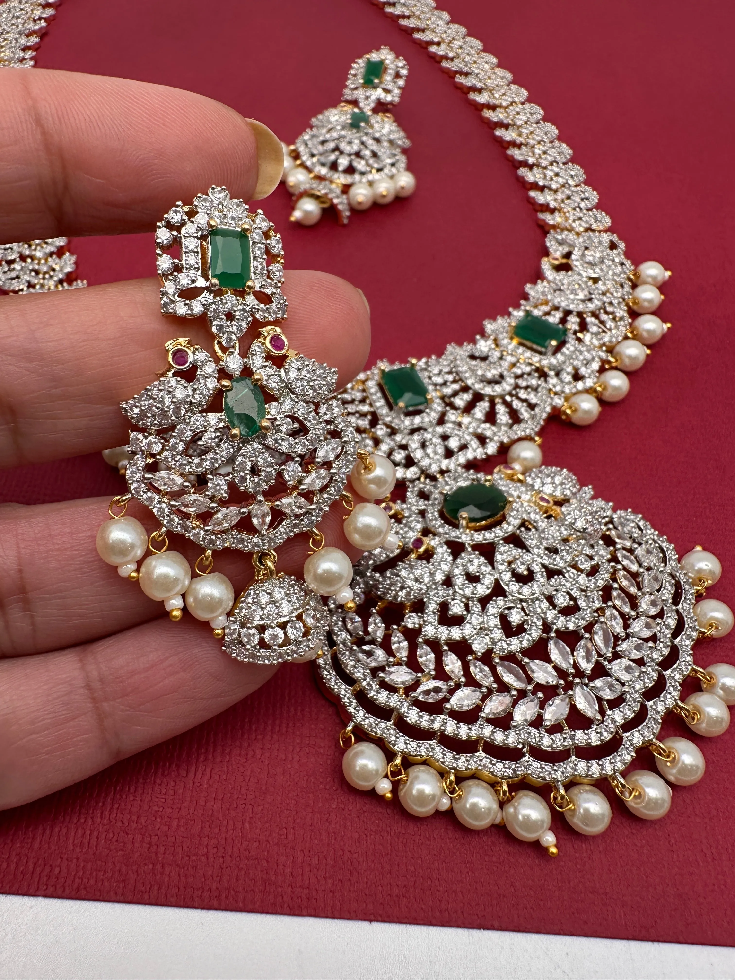 AD Diamond Finish Color Stone Peacock Design Long Necklace