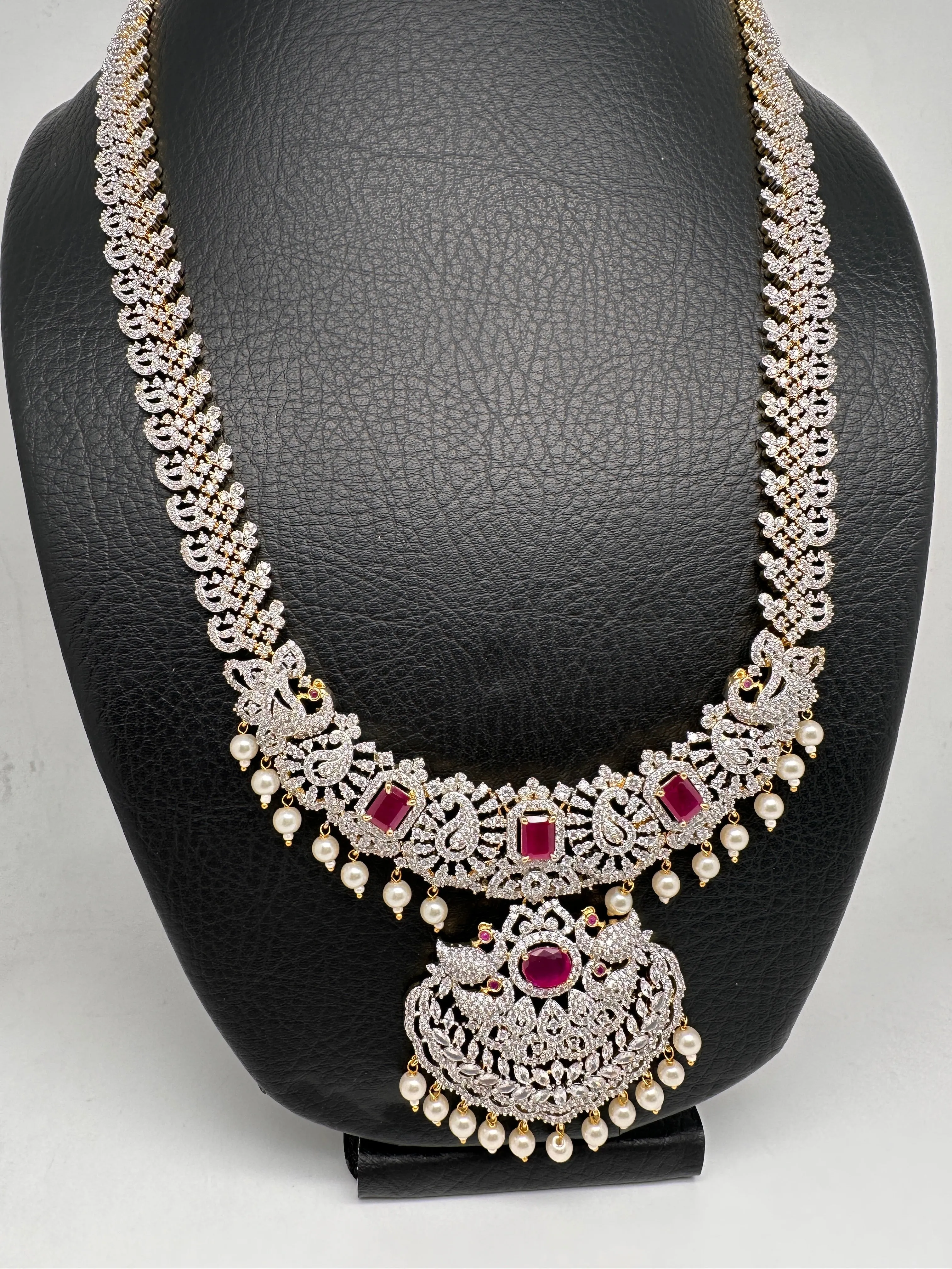 AD Diamond Finish Color Stone Peacock Design Long Necklace