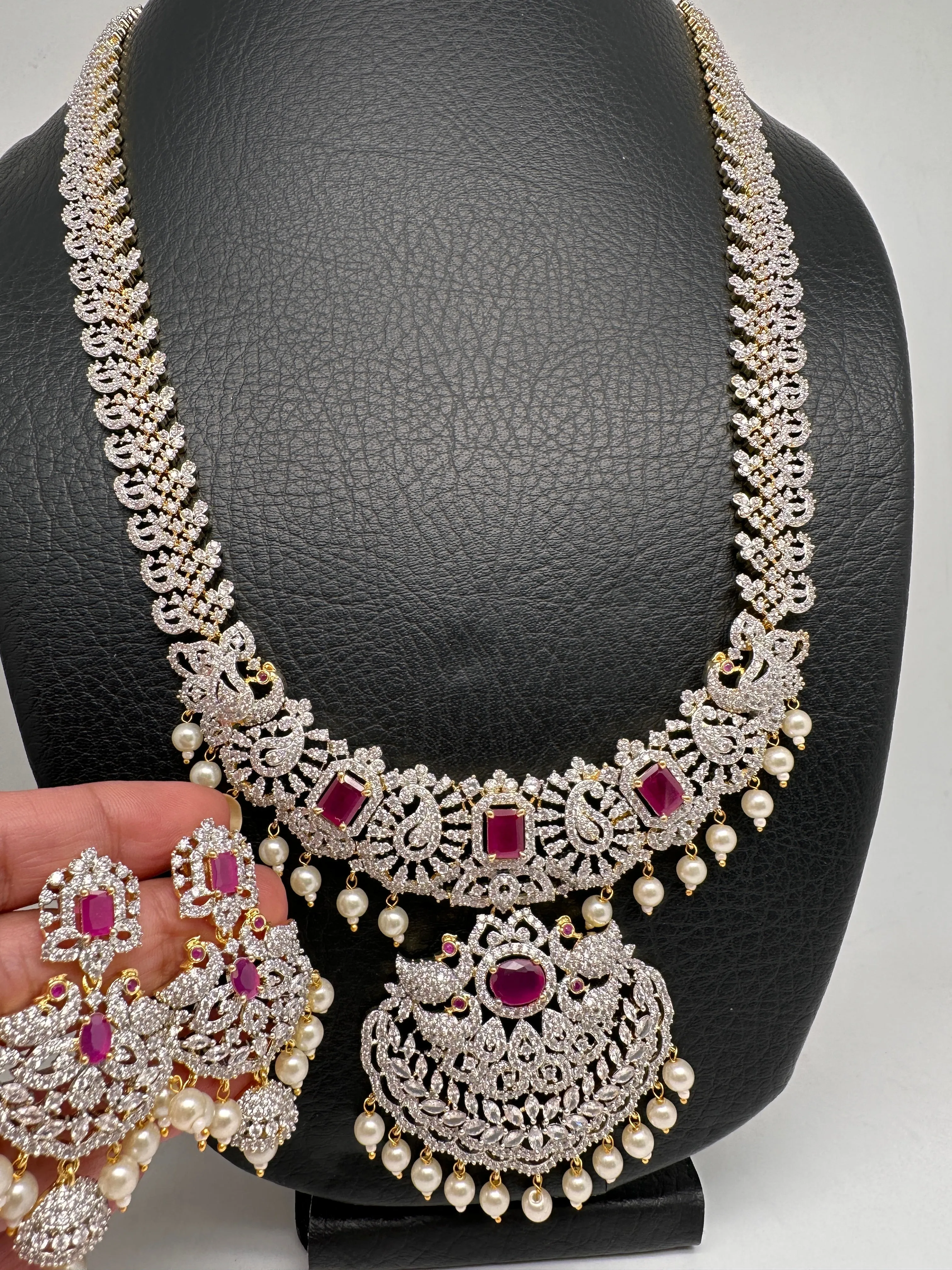 AD Diamond Finish Color Stone Peacock Design Long Necklace