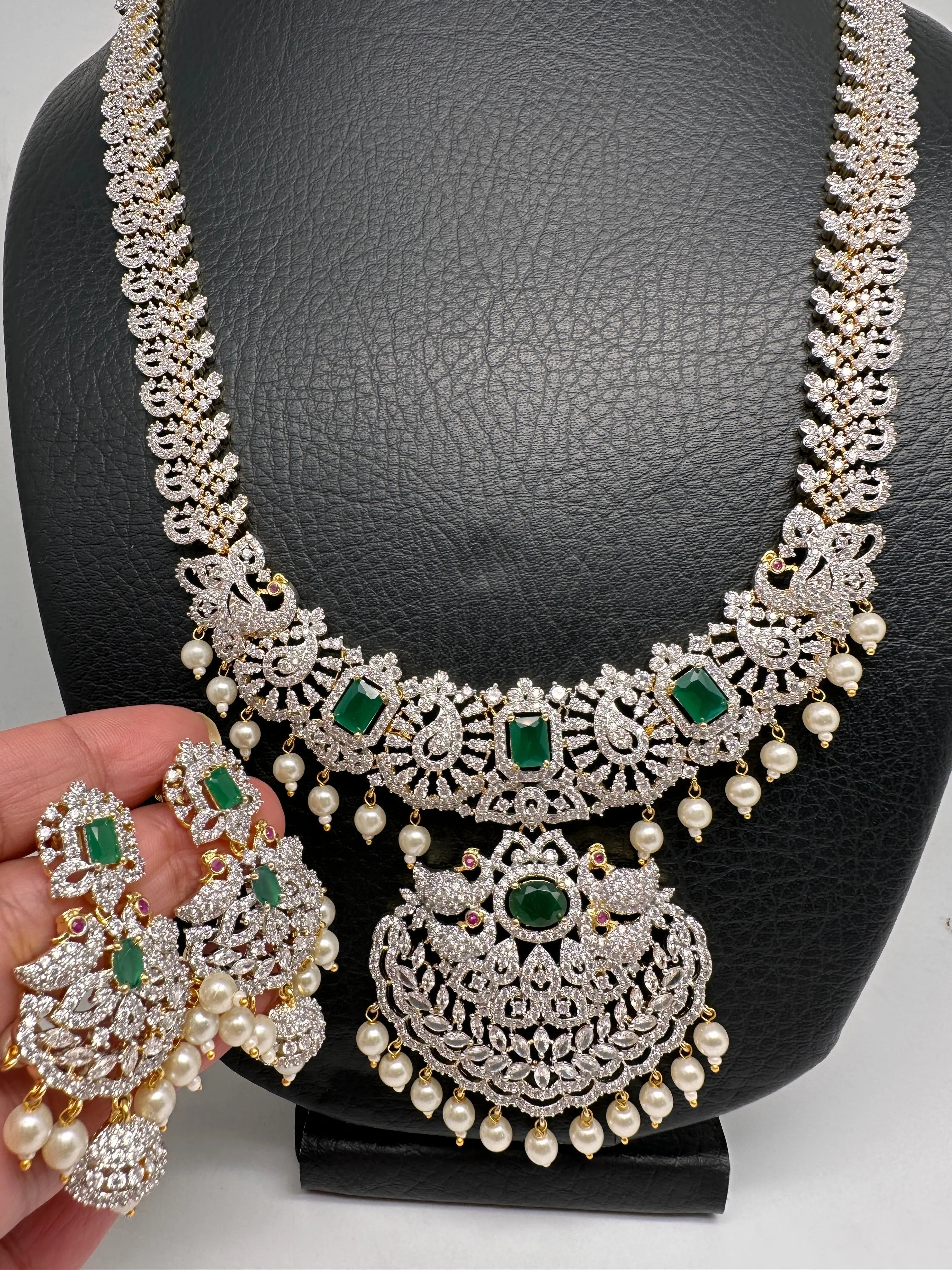 AD Diamond Finish Color Stone Peacock Design Long Necklace