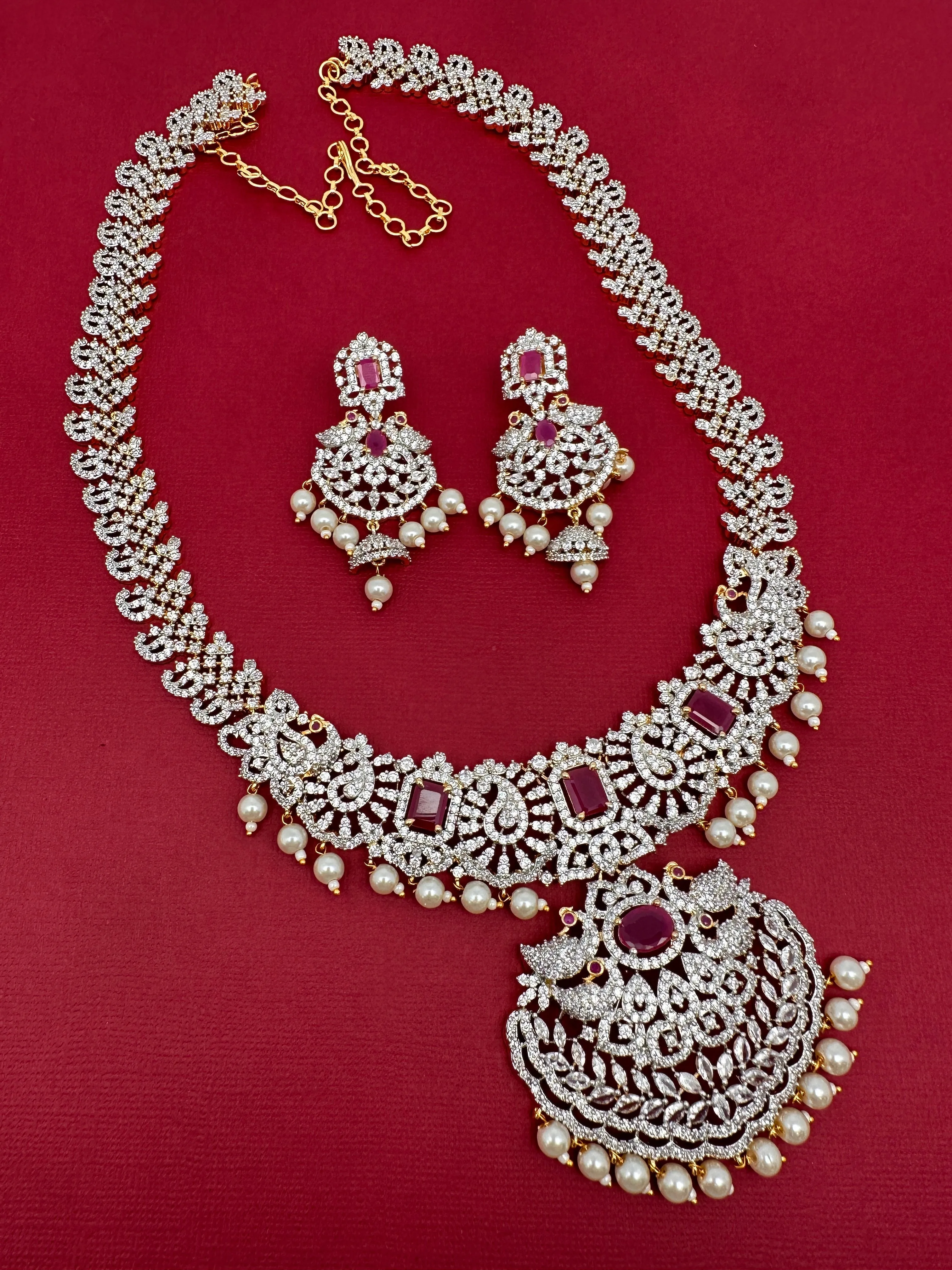AD Diamond Finish Color Stone Peacock Design Long Necklace