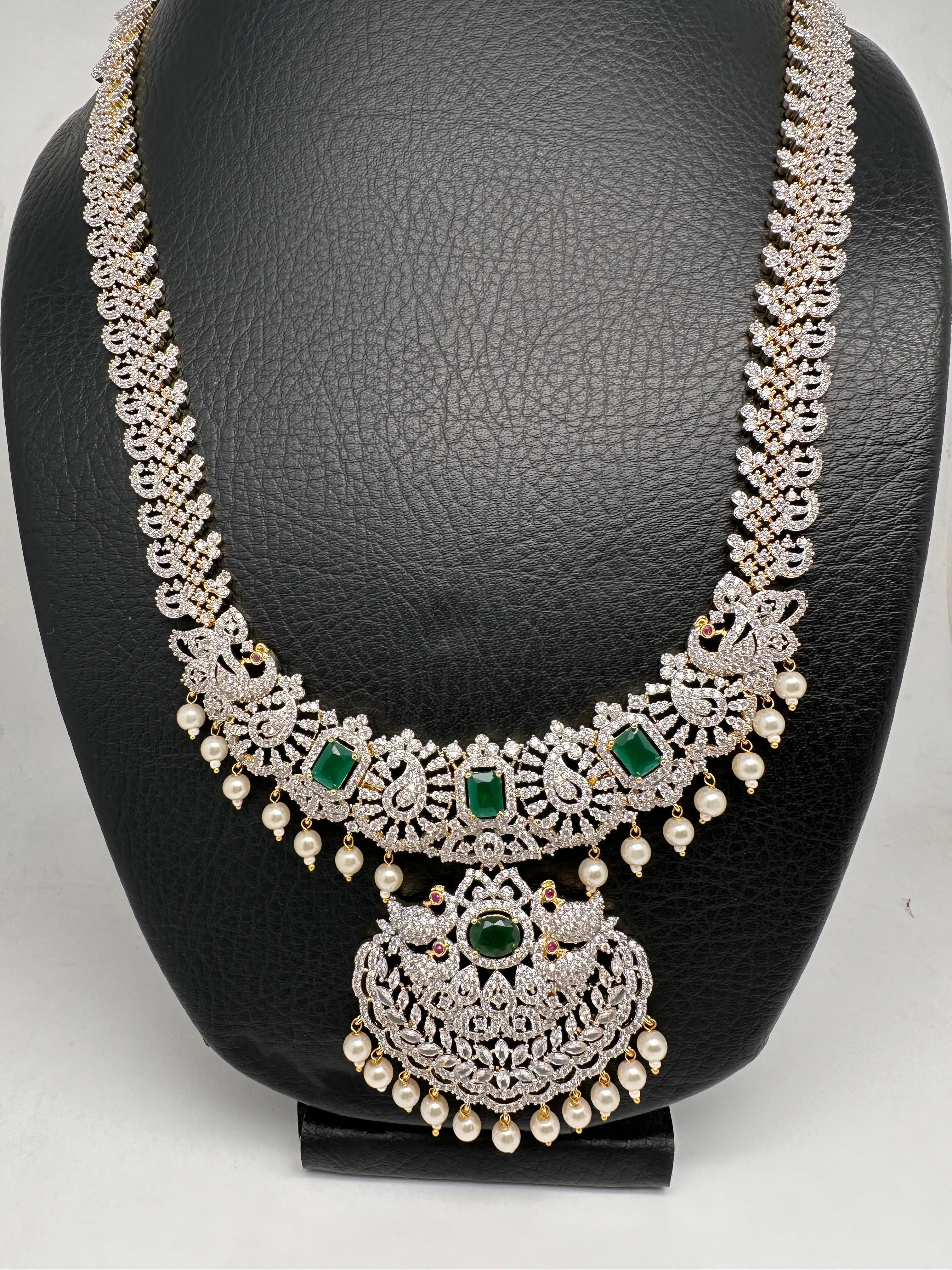 AD Diamond Finish Color Stone Peacock Design Long Necklace