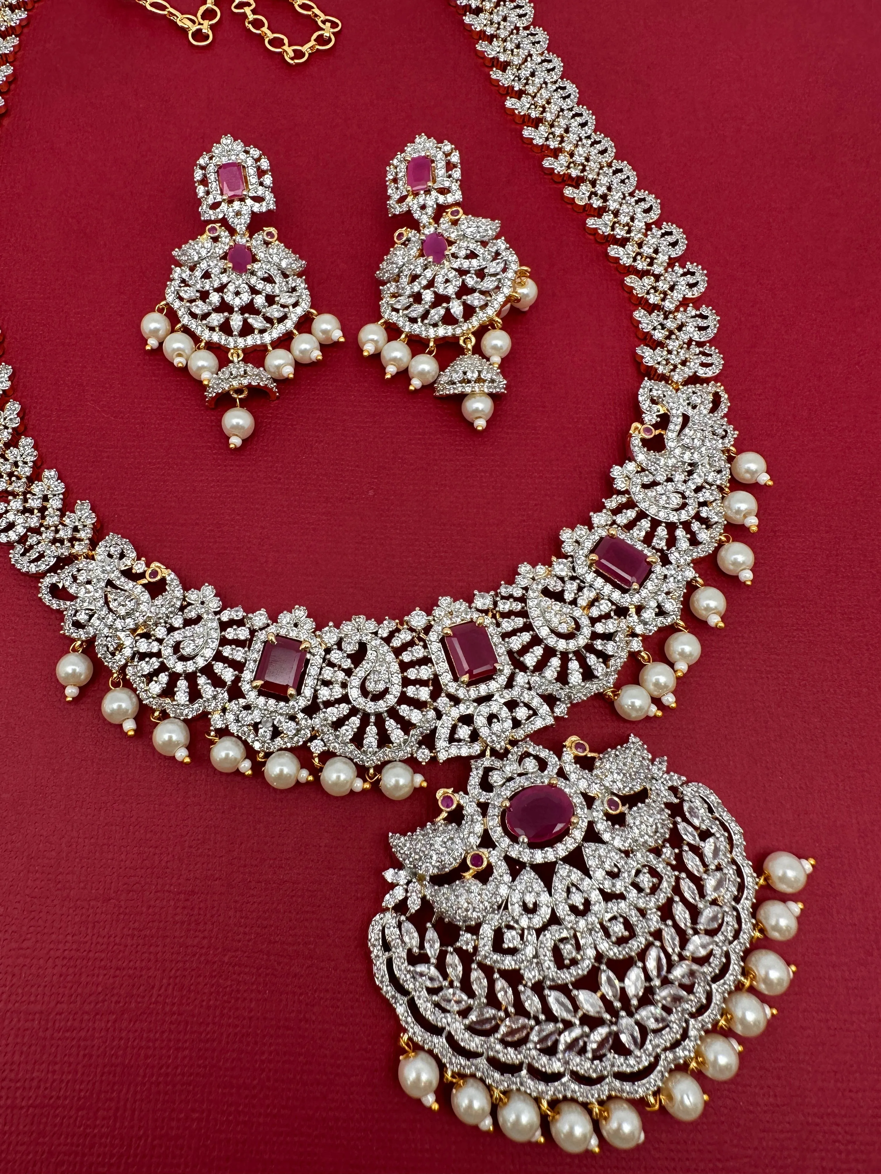 AD Diamond Finish Color Stone Peacock Design Long Necklace