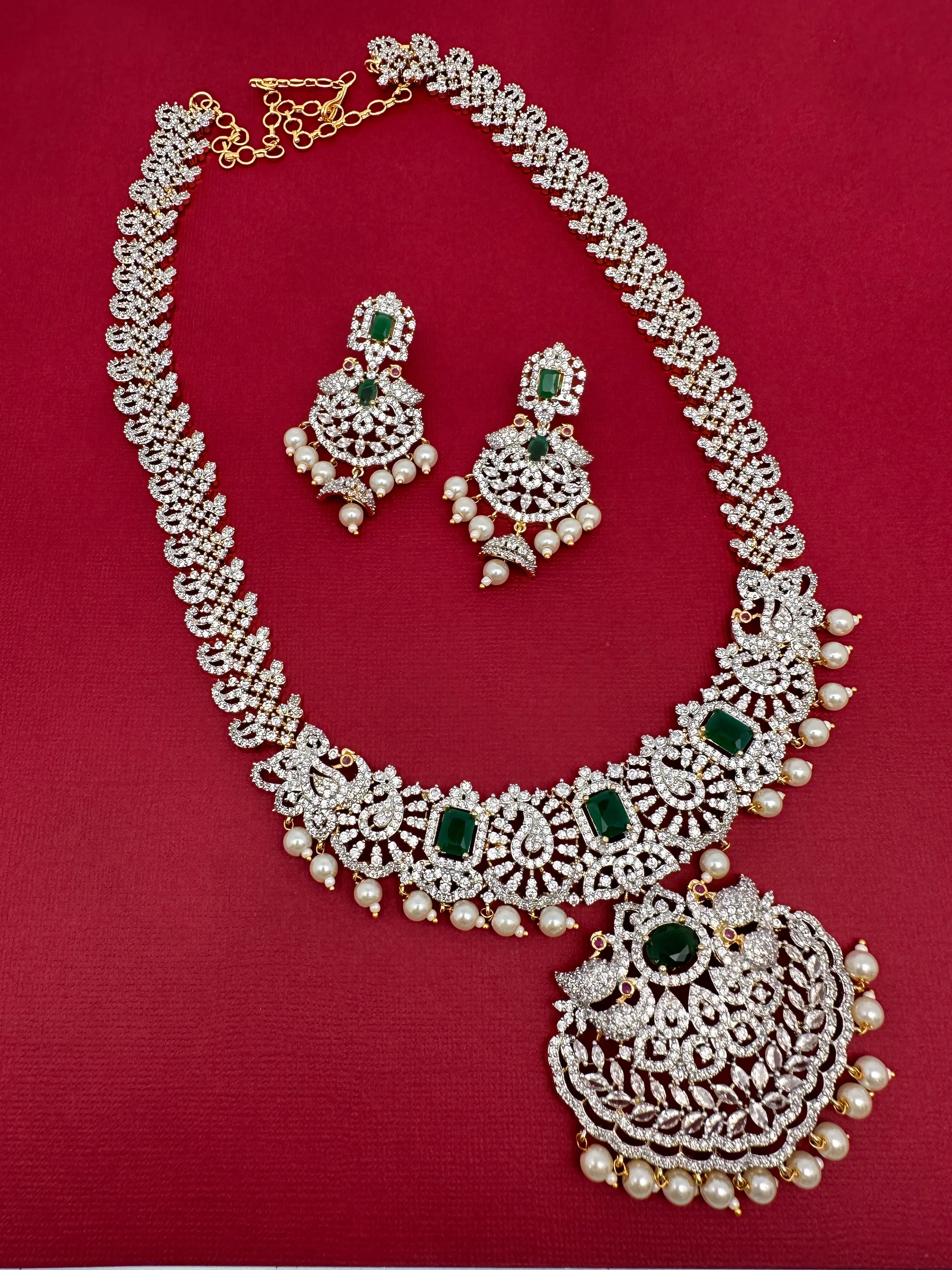 AD Diamond Finish Color Stone Peacock Design Long Necklace