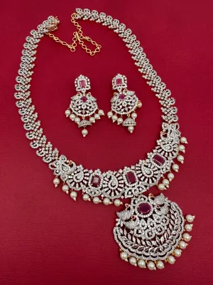 AD Diamond Finish Color Stone Peacock Design Long Necklace
